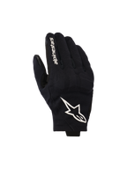 Alpinestars Reef V2 Gloves, Black and White Motorcycle Gloves, featuring a textured stretch fabric top hand with a prominent white star logo and brand lettering on the index finger, short-cuff urban design