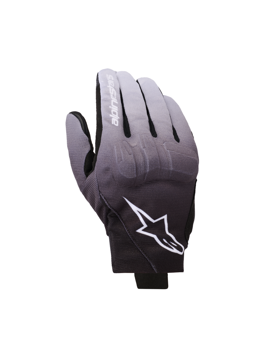 Alpinestars Reef V2 Gloves, luvas de motociclismo, gradiente cinzento médio e preto, logótipo de estrela branco e nome da marca no dedo indicador, design urbano de punho curto com proteção de nós dos dedos em TPU e tecido elástico