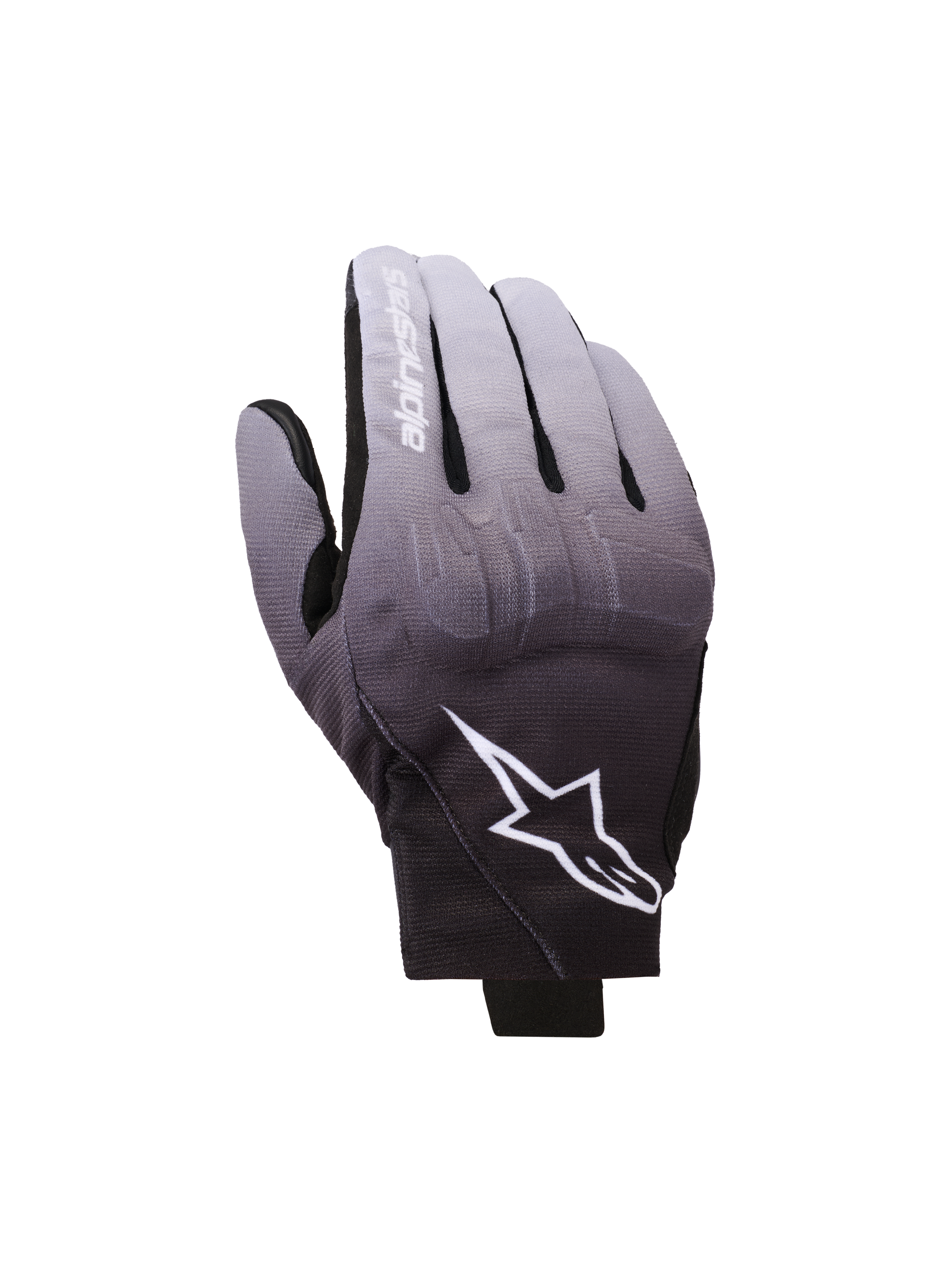 Alpinestars Reef V2 Gloves, luvas de motociclismo, gradiente cinzento médio e preto, logótipo de estrela branco e nome da marca no dedo indicador, design urbano de punho curto com proteção de nós dos dedos em TPU e tecido elástico