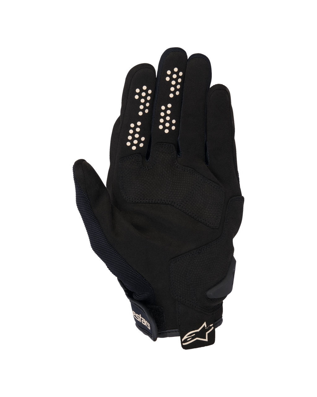 Luvas Alpinestars Chrome V2, luvas de motociclismo urbanas, pretas e amêndoa, vista da palma com palma em camurça sintética, pontos de aderência em silicone nos dedos indicador e médio, punho curto com tira ajustável e logótipo.