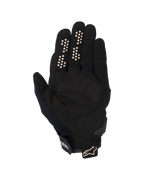 Luvas Alpinestars Chrome V2, luvas de motociclismo urbanas, pretas e amêndoa, vista da palma com palma em camurça sintética, pontos de aderência em silicone nos dedos indicador e médio, punho curto com tira ajustável e logótipo.