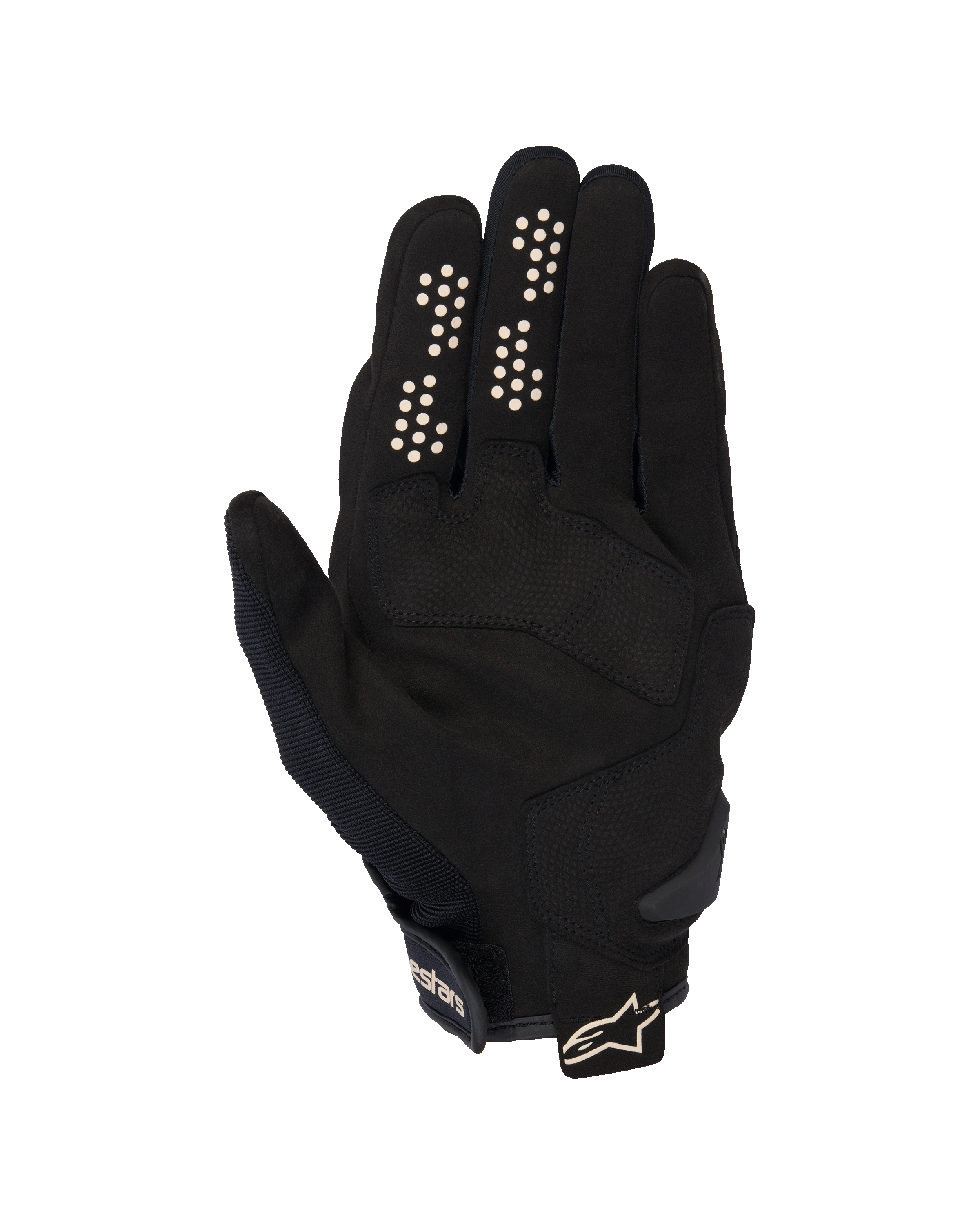 Luvas Alpinestars Chrome V2, luvas de motociclismo urbanas, pretas e amêndoa, vista da palma com palma em camurça sintética, pontos de aderência em silicone nos dedos indicador e médio, punho curto com tira ajustável e logótipo.