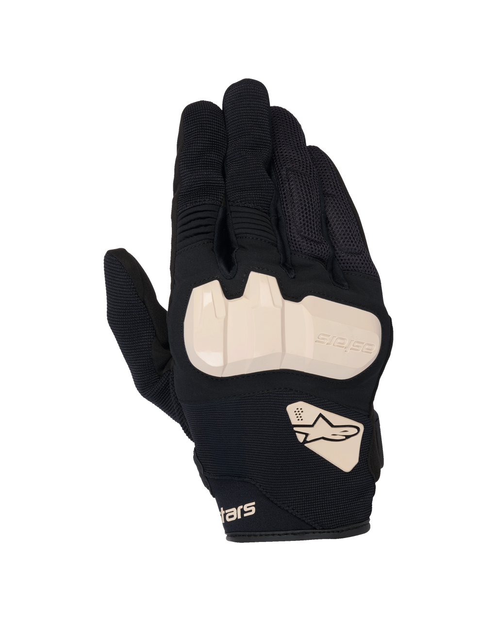 Luvas Alpinestars Chrome V2, luvas de motociclismo, pretas com detalhes em bege amêndoa, vista superior com proteção de nós dos dedos em TPU, construção em malha e tecido elástico, painéis em acordeão nos dedos