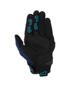 Luvas Alpinestars Chrome V2, Dark Blue Hawaiian Ocean, vista da palma, construção em camurça sintética preta com pontos de aderência em silicone azul nos dedos, malha respirável no polegar e punho ajustável com logótipo Alpinestars azul.