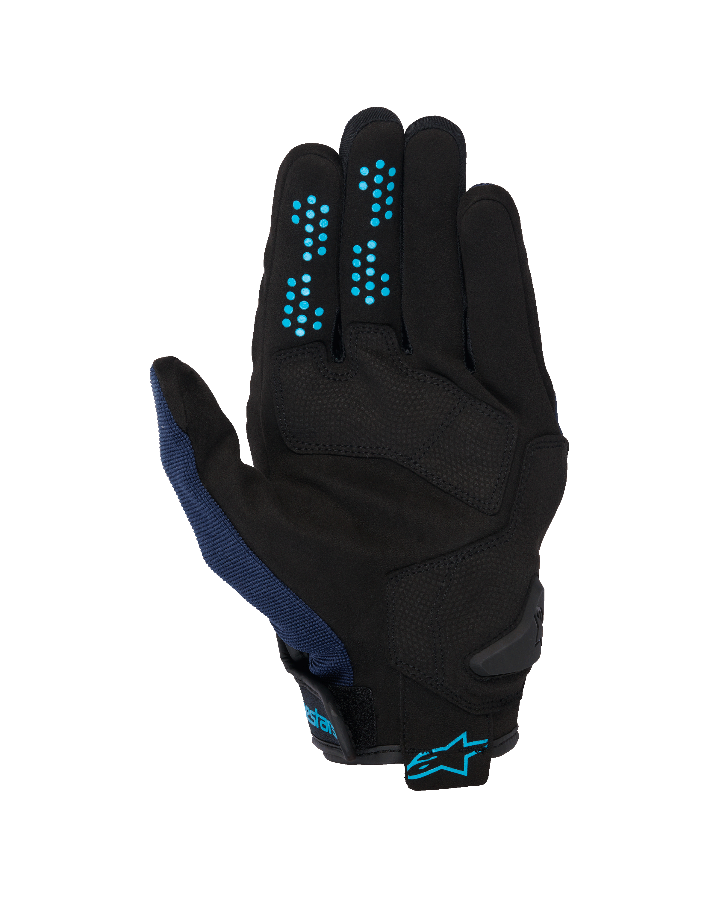 Luvas Alpinestars Chrome V2, Dark Blue Hawaiian Ocean, vista da palma, construção em camurça sintética preta com pontos de aderência em silicone azul nos dedos, malha respirável no polegar e punho ajustável com logótipo Alpinestars azul.