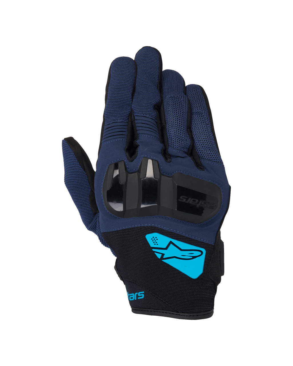 Luvas Alpinestars Chrome V2, luvas de motociclismo, azul-escuro e preto, com proteção rígida em TPU nos nós dos dedos, logótipo Alpinestars em ciano brilhante no pulso, equipamento de condução urbana de punho curto