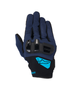 Luvas Alpinestars Chrome V2, luvas de motociclismo, azul-escuro e preto, com proteção rígida em TPU nos nós dos dedos, logótipo Alpinestars em ciano brilhante no pulso, equipamento de condução urbana de punho curto