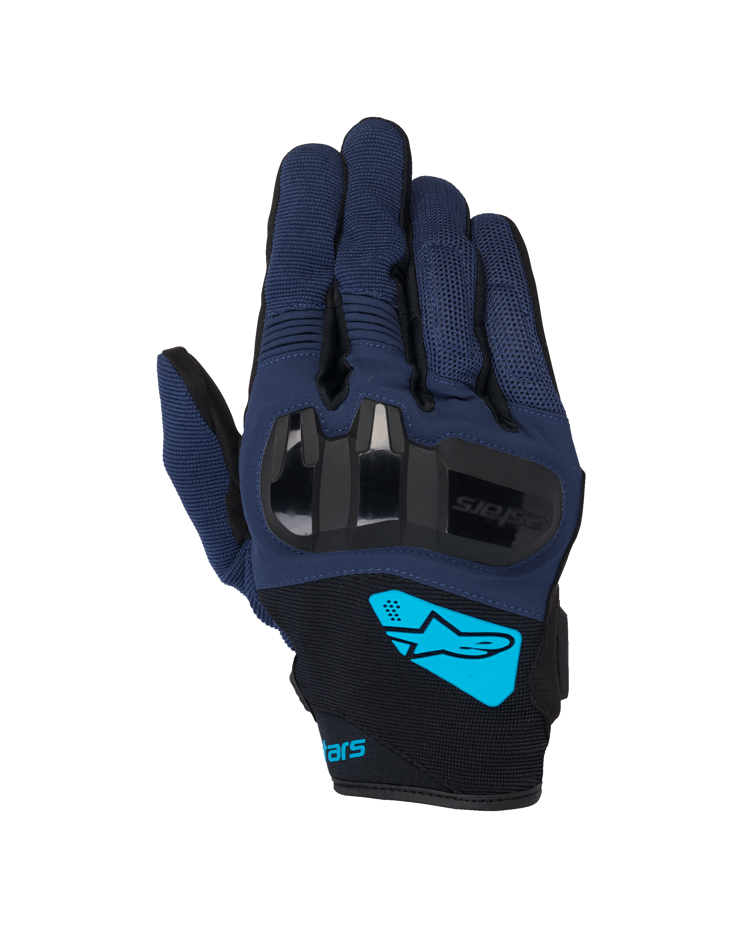 Luvas Alpinestars Chrome V2, luvas de motociclismo, azul-escuro e preto, com proteção rígida em TPU nos nós dos dedos, logótipo Alpinestars em ciano brilhante no pulso, equipamento de condução urbana de punho curto