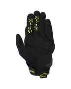 Alpinestars Chrome V2 Gloves, Short Cuff Motorcycle Gloves, Black with neon yellow accents, palm view showing synthetic suede construction, silicone grip dots on fingers, and hook-and-loop wrist closure with Alpinestars branding.