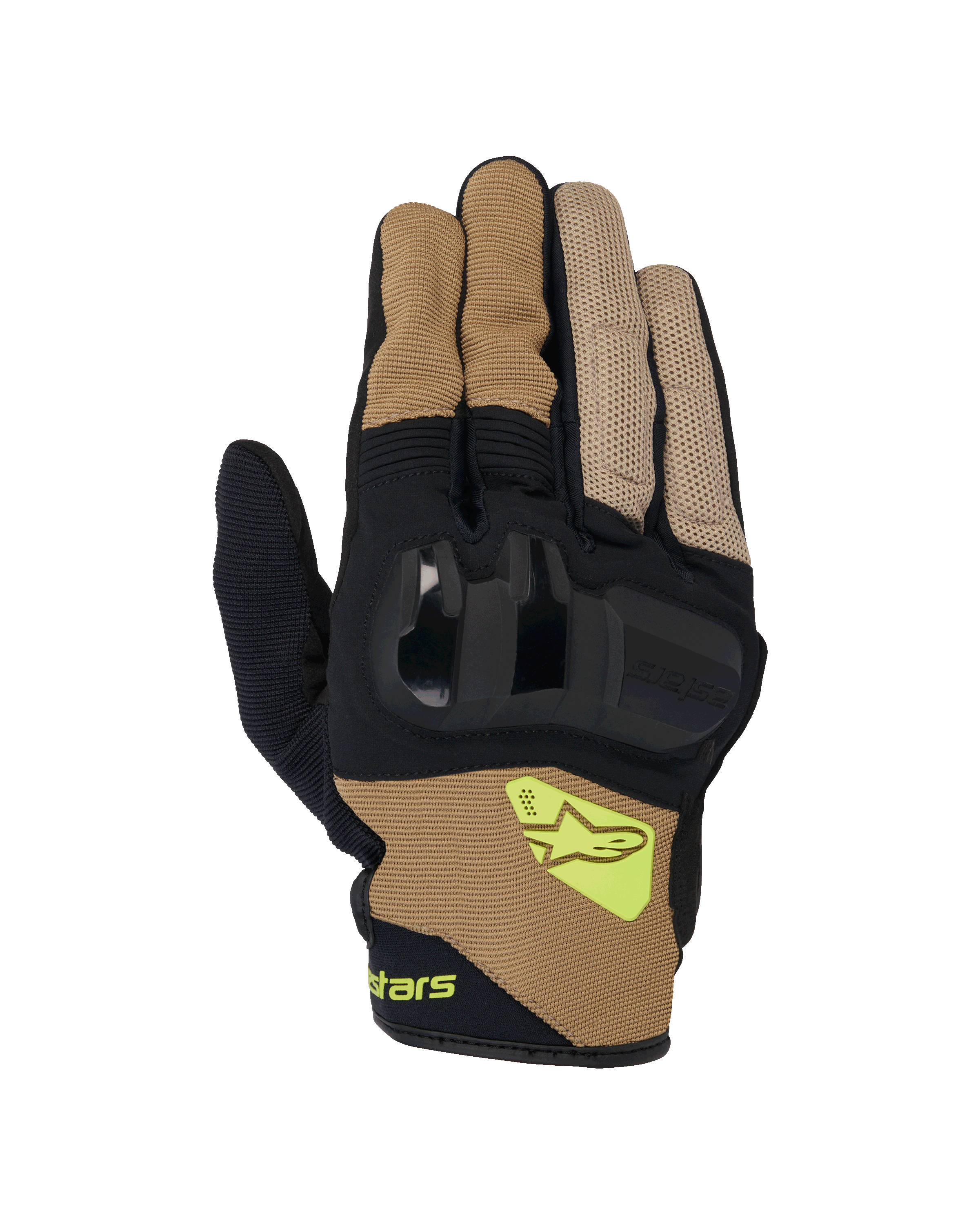 Alpinestars Chrome V2 Gloves, Short Cuff Motorcycle Gloves, Dark Khaki and Black, featuring hard knuckle protection, breathable mesh panels, and fluorescent yellow Alpinestars logo, urban road riding gear