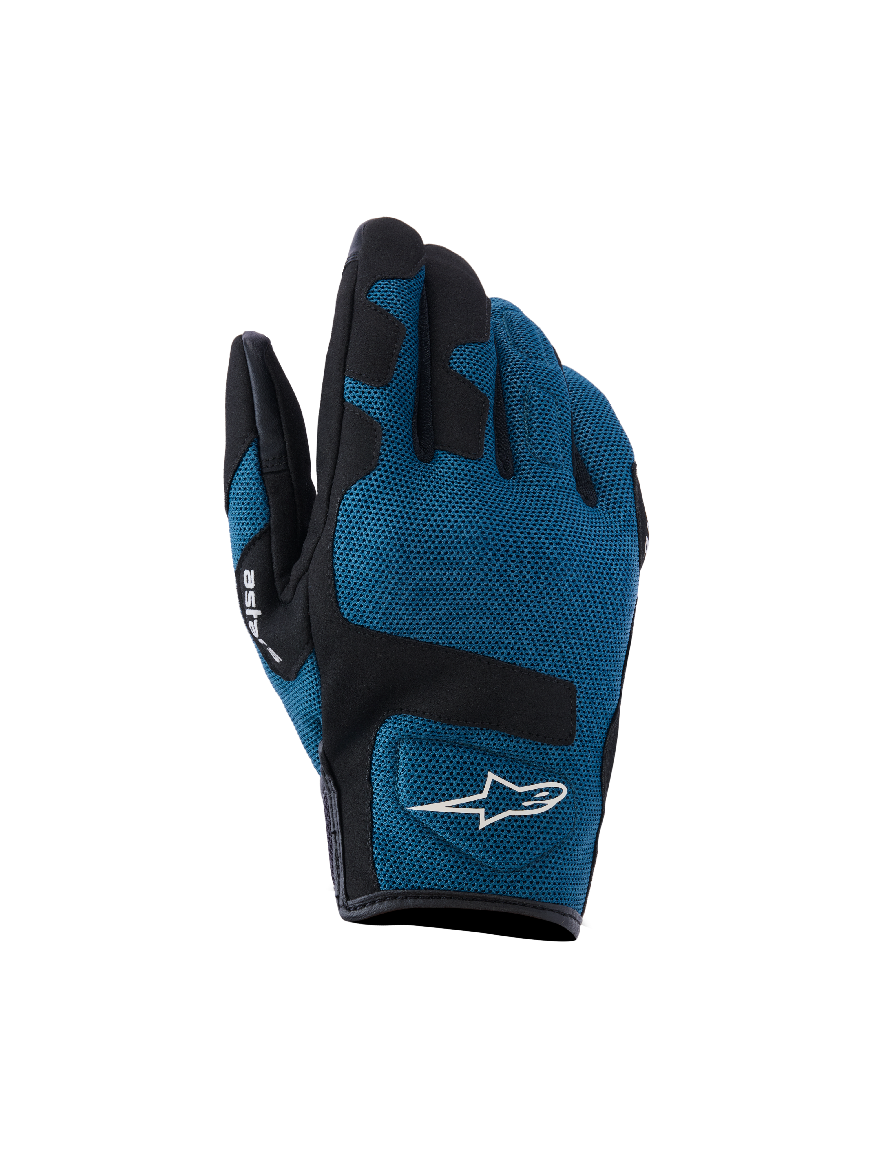Luvas Alpinestars Ignite, luvas de motociclismo urbanas, azul índigo e preto, construção em malha têxtil respirável no dorso da mão, painéis pretos reforçados sobre os nós dos dedos, logótipo A-star branco, design de punho curto para condução urbana