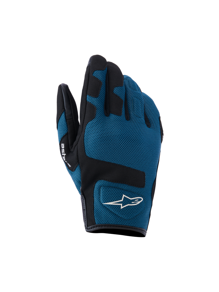 Alpinestars Ignite Gloves, luvas de moto desportivas, azuis e pretas, com malha texturizada, reforços pretos nos dedos e palma, logótipo branco no dorso da mão, design flexível para aderência e proteção