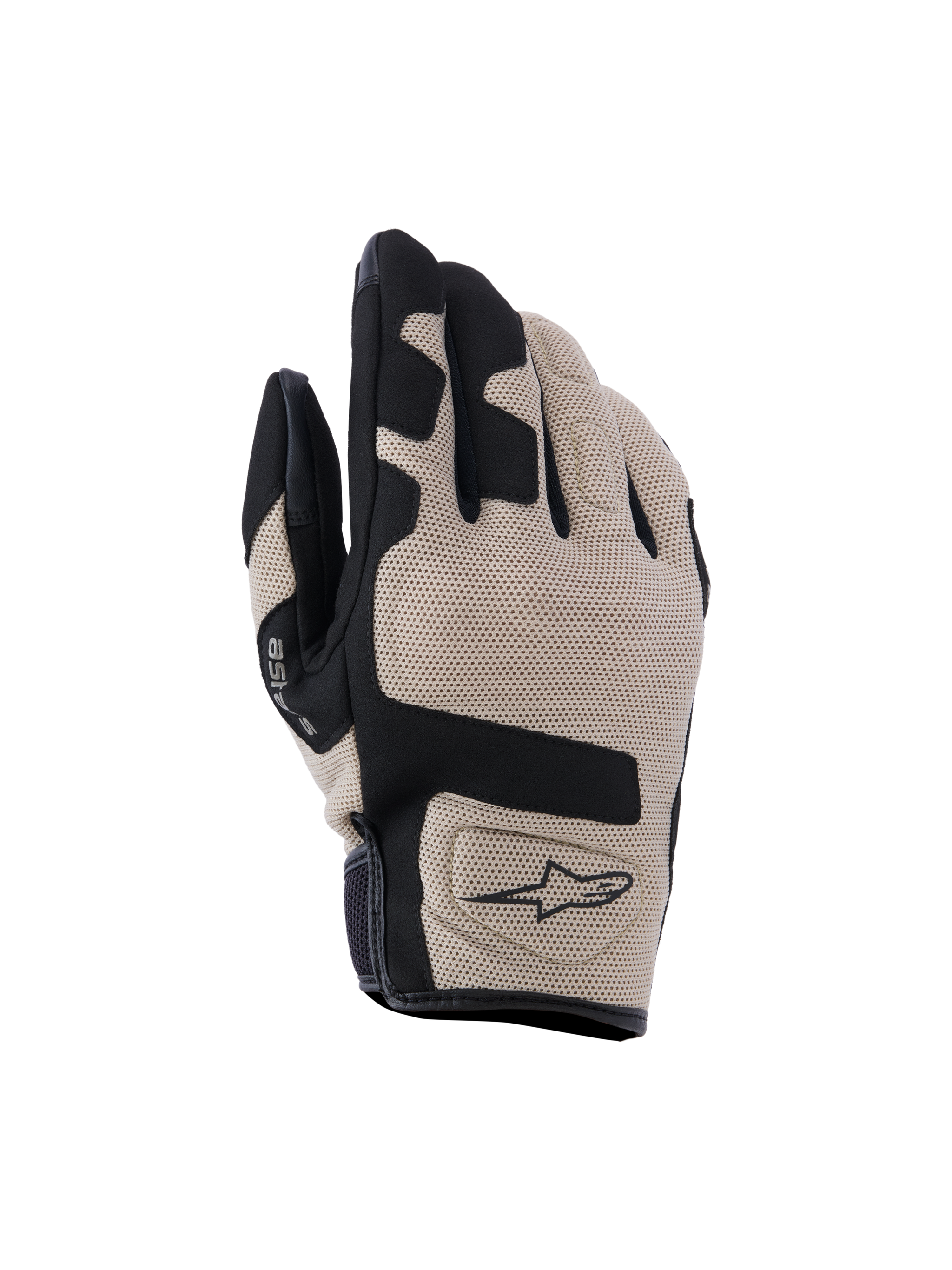 Alpinestars Ignite Gloves, luvas de moto unissexo, bege e pretas, tecido texturizado respirável com perfurações, acentos pretos nos dedos e palma, logótipo na zona do pulso, design ergonómico para conforto e aderência