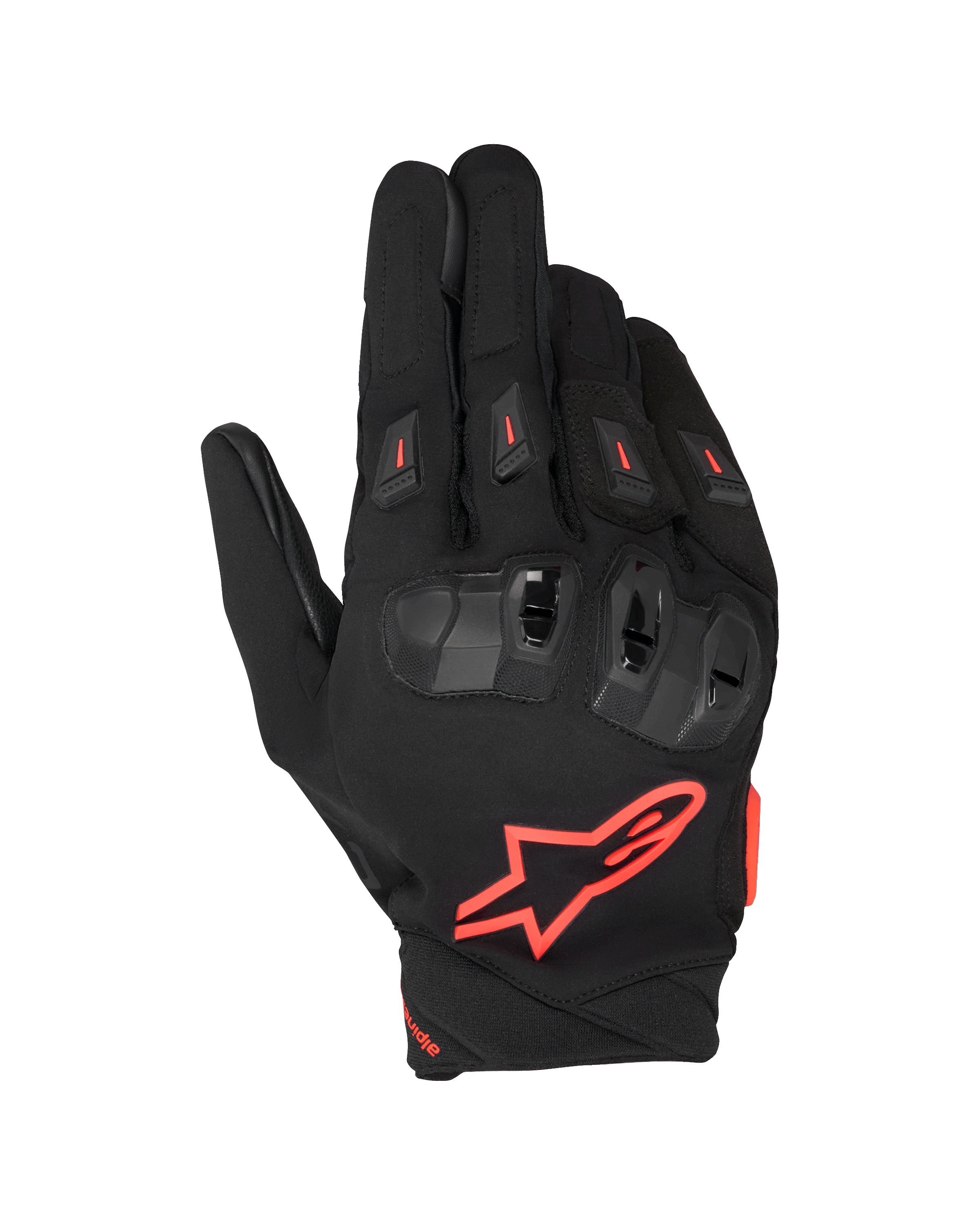 Alpinestars SP X 3 Gloves, Motorcycle Racing Gloves, Black and Red Fluo, featuring a large red star logo on the backhand, dual-density TPU knuckle protection with red accents, and ventilated finger sliders, sporty protective design for road riding