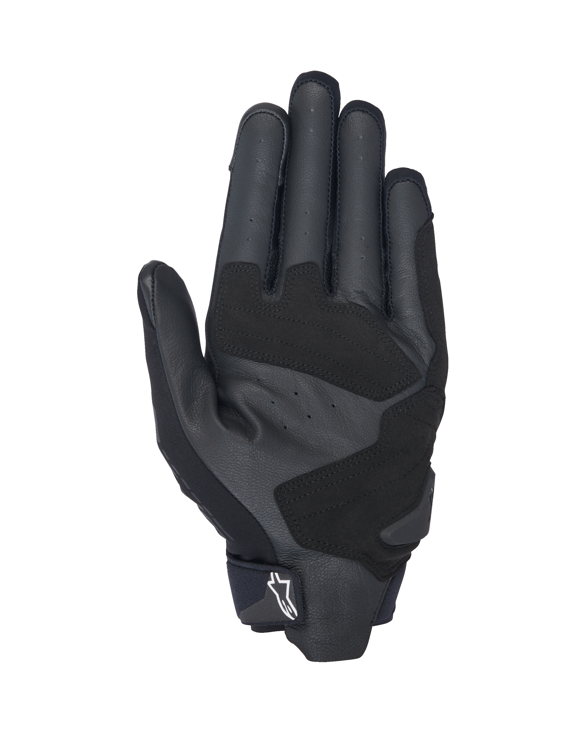 Alpinestars SP X 3 Gloves, Black and White motorcycle gloves, palm side view showing perforated leather for ventilation, synthetic leather overlays for enhanced grip and durability, reinforced impact zones, and short-cuff design with a white Alpinestars logo on the pull tab.