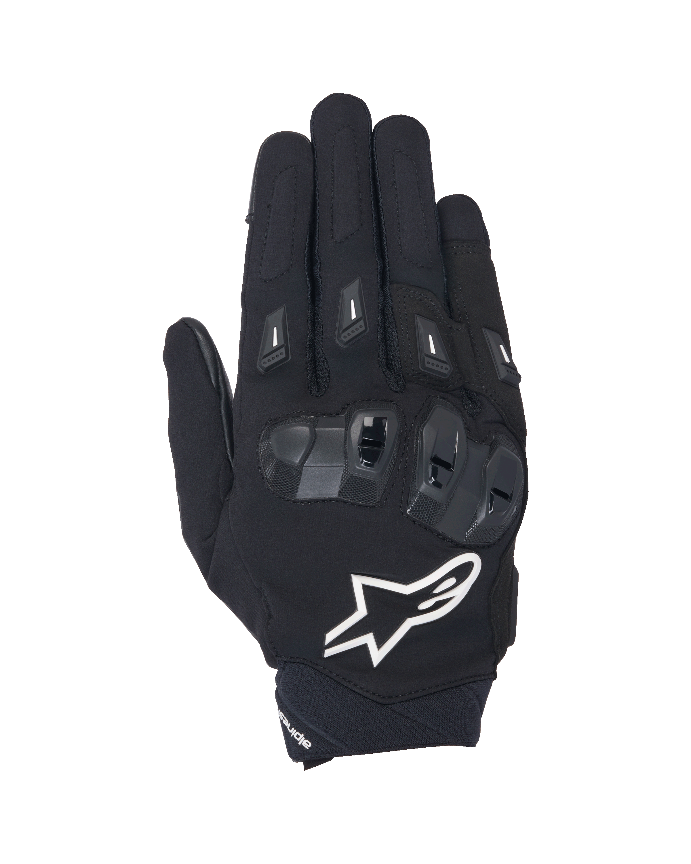 Alpinestars SP X 3 Gloves, Black and White short-cuff motorcycle gloves, top view showing TPU double-density knuckle armor, large white star logo, and finger protectors, designed for sport and road riding