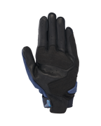 Luvas Alpinestars SP X 3, luvas de motociclismo, azul escuro e azul Blithe, vista da palma com couro preto perfurado e sobreposições sintéticas, deslizador de palma em TPR e aba de puxar integrada para facilitar o calçar.