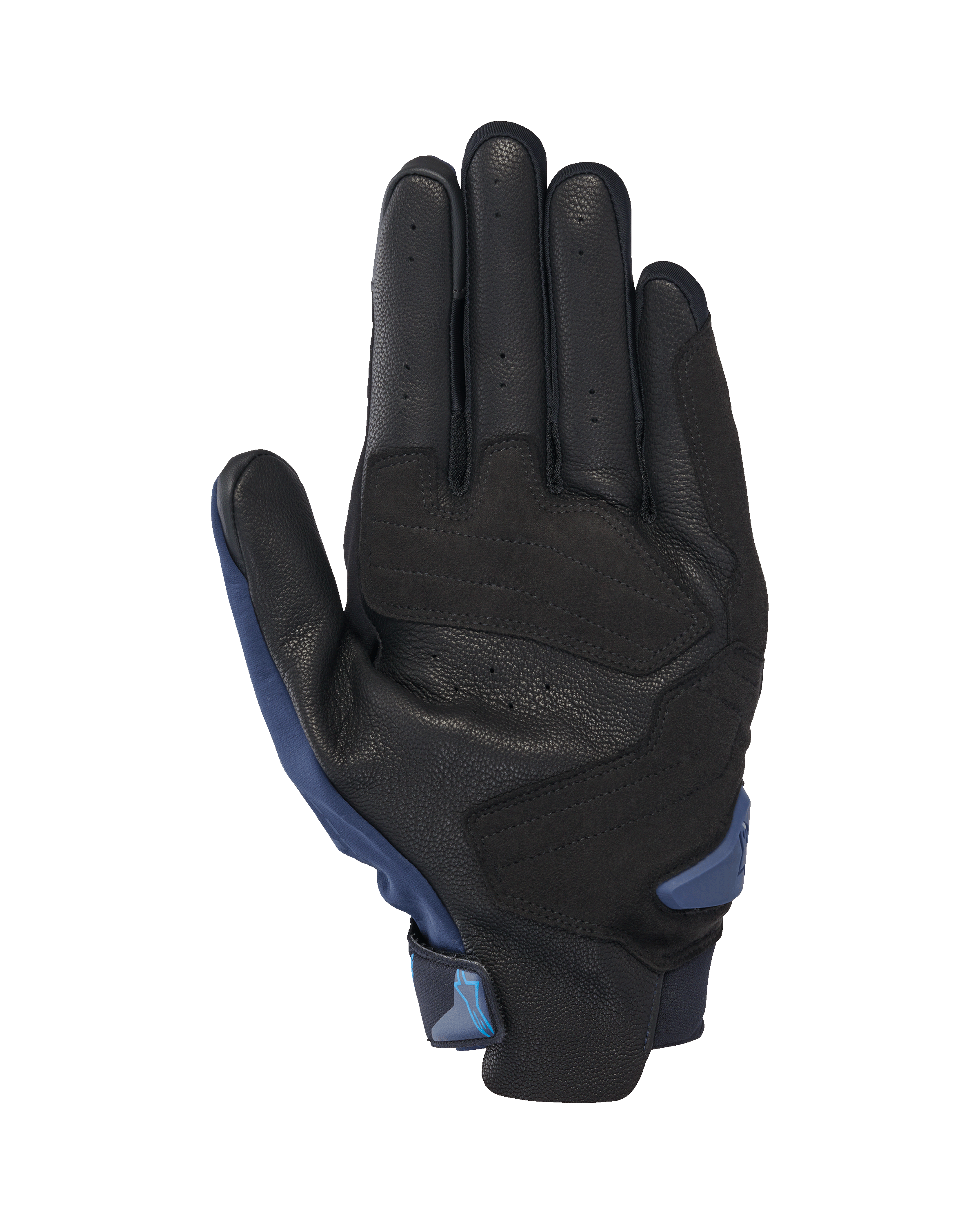 Luvas Alpinestars SP X 3, luvas de motociclismo, azul escuro e azul Blithe, vista da palma com couro preto perfurado e sobreposições sintéticas, deslizador de palma em TPR e aba de puxar integrada para facilitar o calçar.