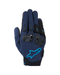 Luvas Alpinestars SP X 3, luvas de motociclismo, azul-escuro e preto com pormenores em azul-claro, com proteção de nós dos dedos em TPU de dupla densidade e logótipo de estrela da Alpinestars, construção em tecido e malha para condução desportiva