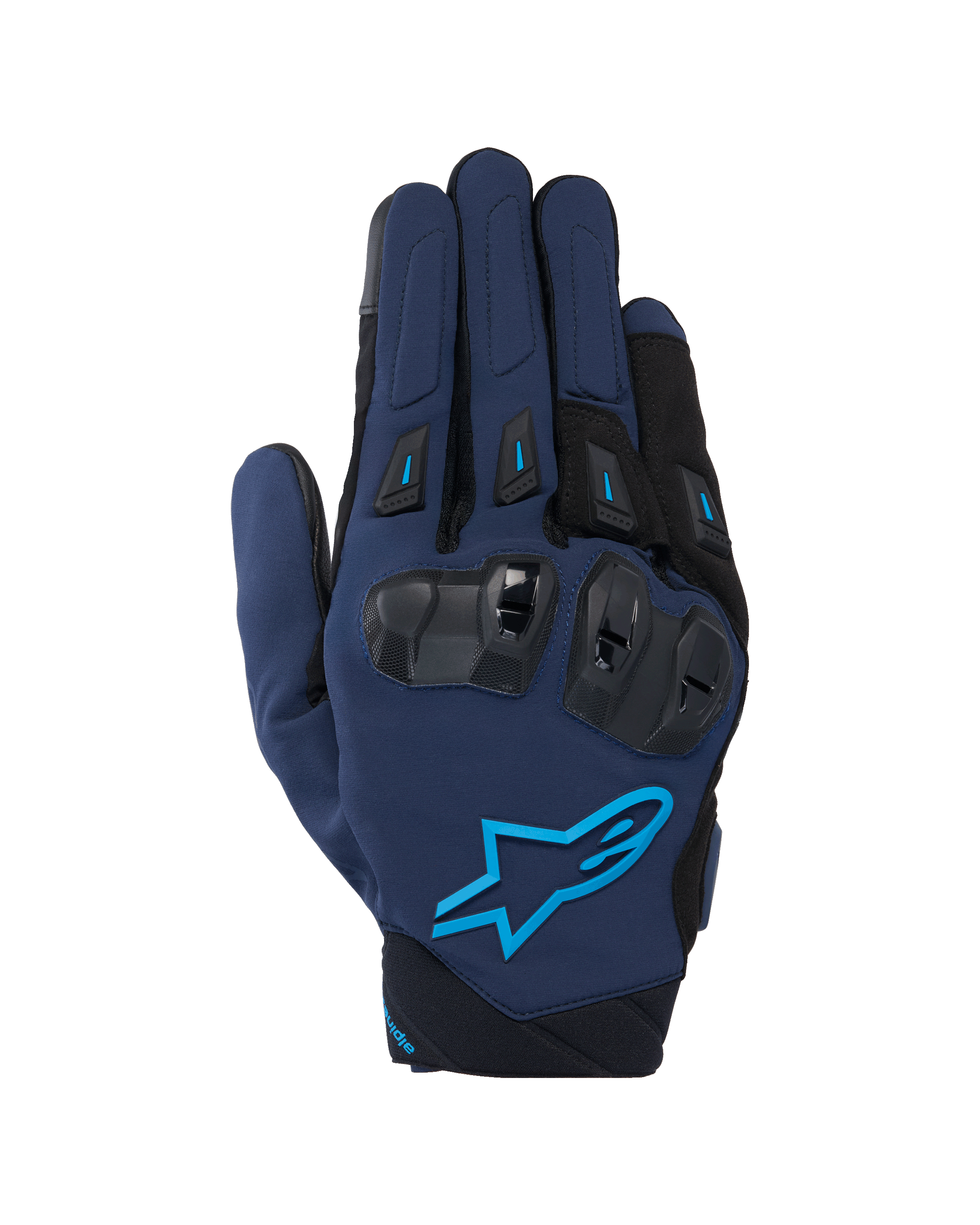 Luvas Alpinestars SP X 3, luvas de motociclismo, azul-escuro e preto com pormenores em azul-claro, com proteção de nós dos dedos em TPU de dupla densidade e logótipo de estrela da Alpinestars, construção em tecido e malha para condução desportiva