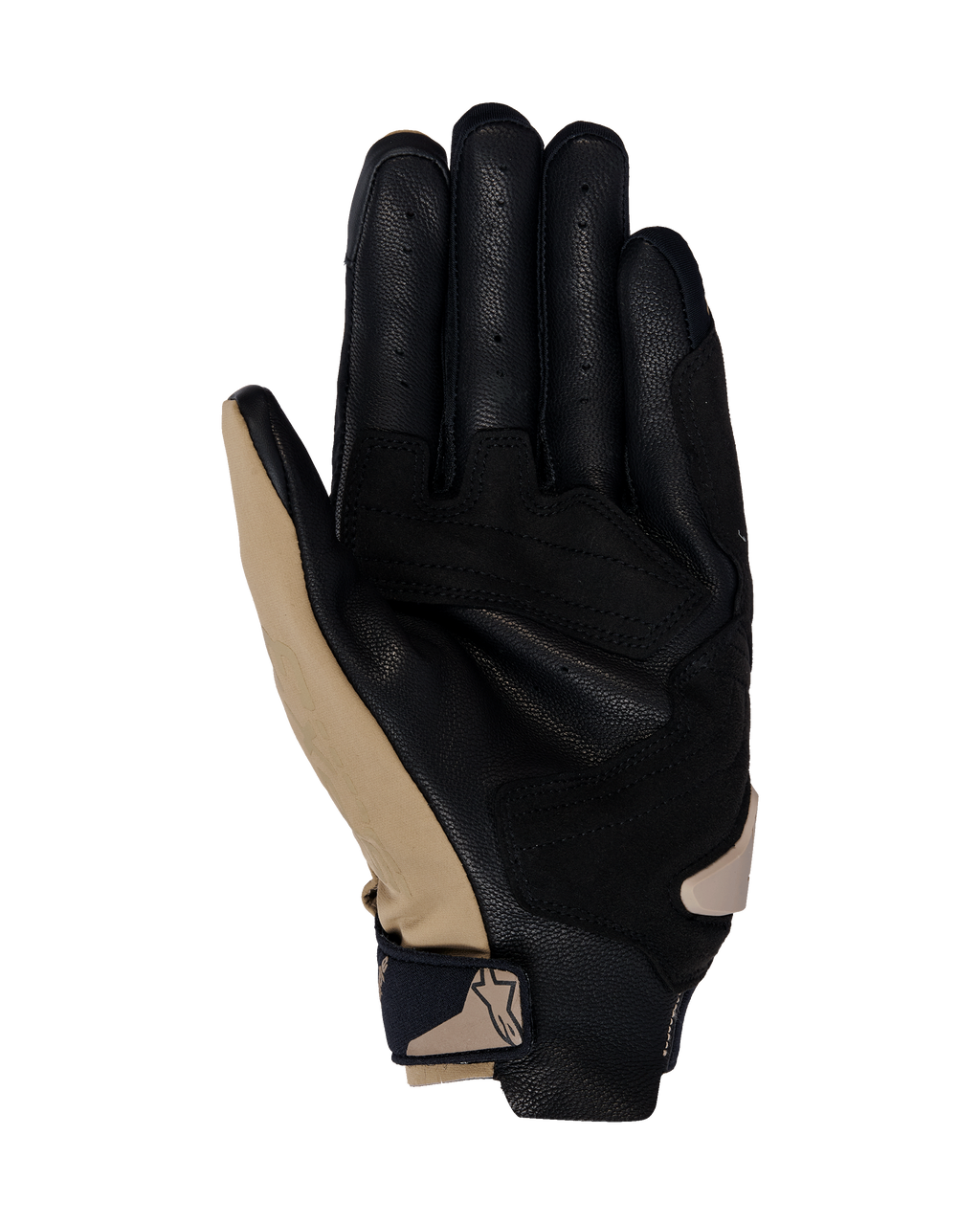 Luvas Alpinestars SP X 3, luvas de motociclismo, caqui escuro, areia e preto, vista da palma com couro preto perfurado e sobreposições sintéticas em caqui, tira de pulso compacta com logótipo, design ergonómico para condução desportiva e em estrada