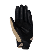 Luvas Alpinestars SP X 3, luvas de motociclismo, caqui escuro, areia e preto, vista da palma com couro preto perfurado e sobreposições sintéticas em caqui, tira de pulso compacta com logótipo, design ergonómico para condução desportiva e em estrada