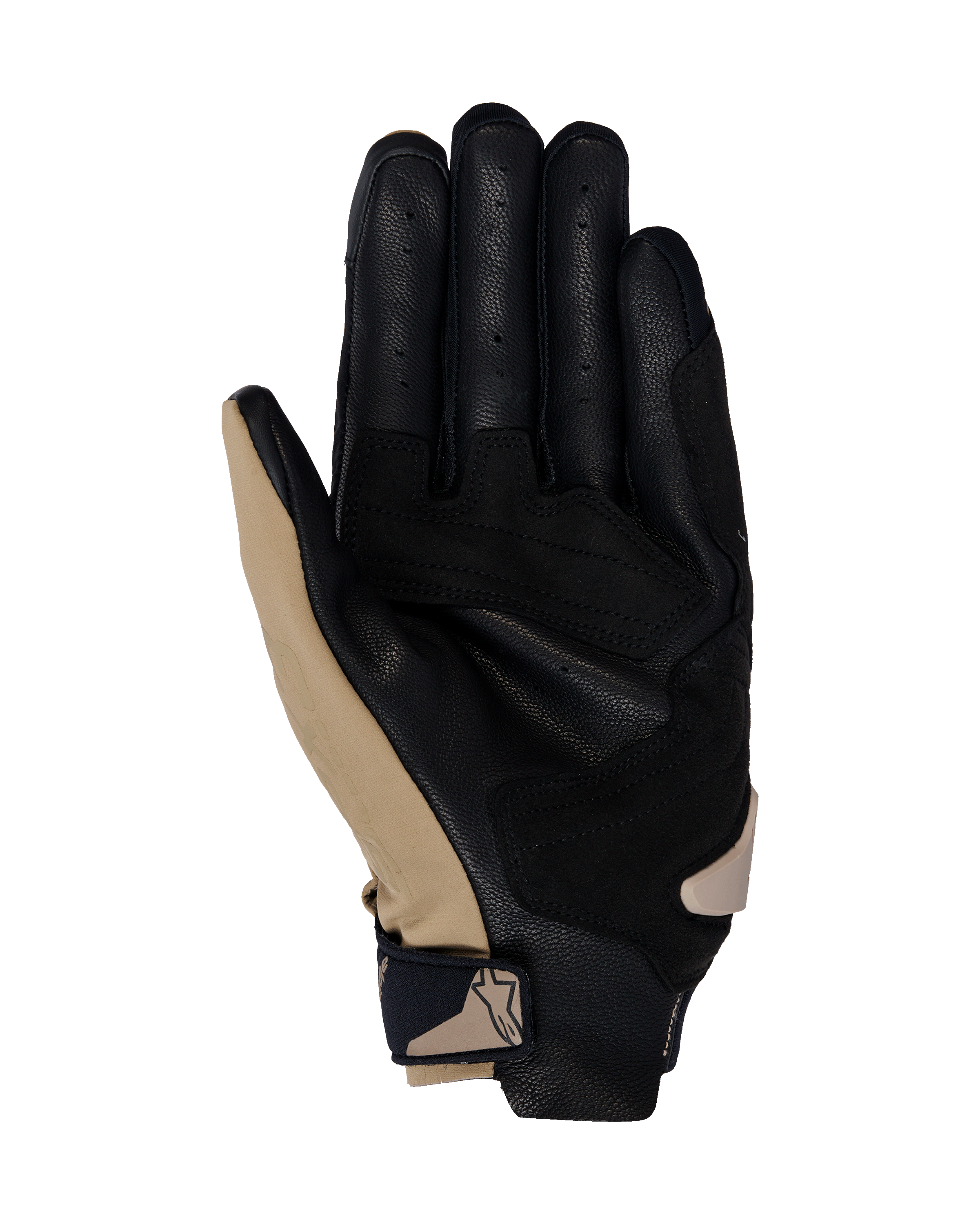 Luvas Alpinestars SP X 3, luvas de motociclismo, caqui escuro, areia e preto, vista da palma com couro preto perfurado e sobreposições sintéticas em caqui, tira de pulso compacta com logótipo, design ergonómico para condução desportiva e em estrada