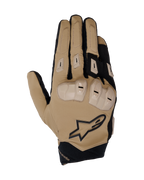 Alpinestars SP X 3, luvas de motociclismo desportivas, bege e pretas, com proteção de articulações em TPU de dupla densidade, acolchoamento reforçado nos dedos, material elástico respirável e logótipo da marca.