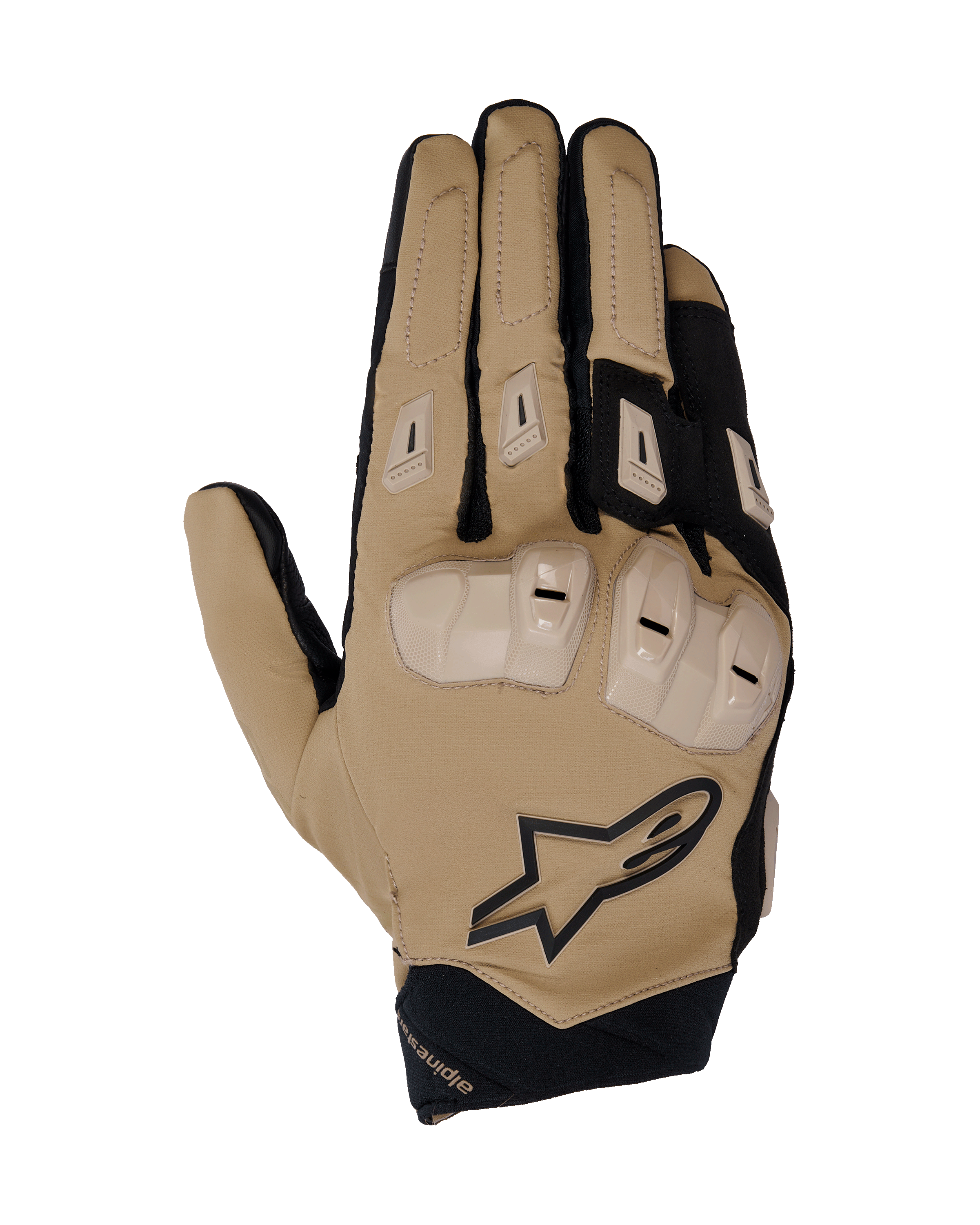 Alpinestars SP X 3, luvas de motociclismo desportivas, bege e pretas, com proteção de articulações em TPU de dupla densidade, acolchoamento reforçado nos dedos, material elástico respirável e logótipo da marca.