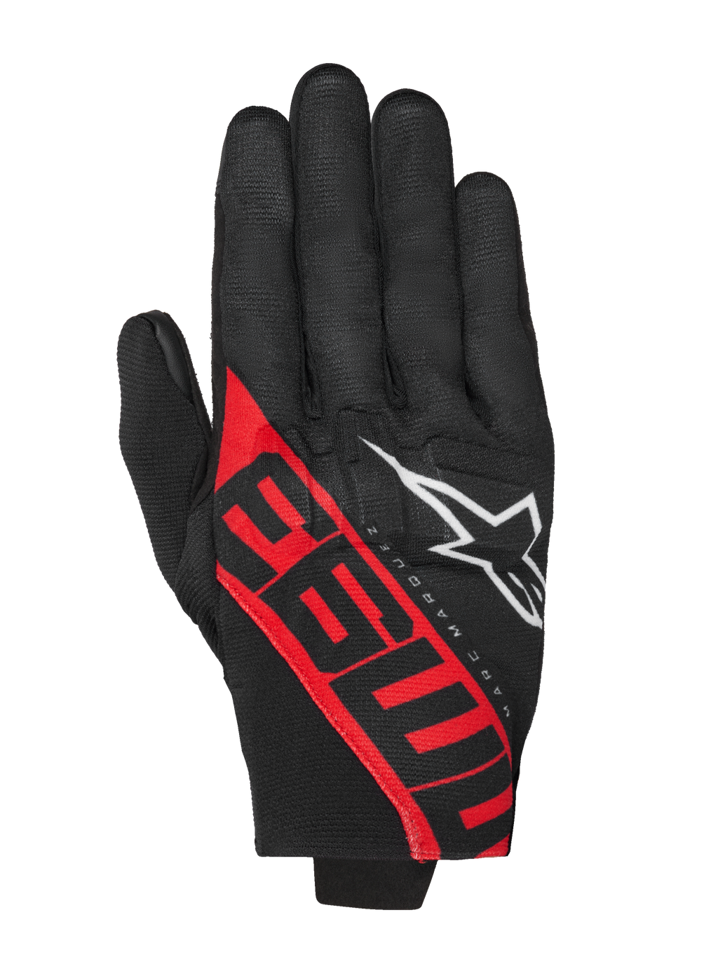Alpinestars MM93 Reef V2 Gloves, Motorcycle Gloves, Black and Bright Red, featuring bold red 93 graphics and white star logo, Marc Márquez signature design, short cuff textile construction