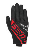 Alpinestars MM93 Reef V2 Gloves, Motorcycle Gloves, Black and Bright Red, featuring bold red 93 graphics and white star logo, Marc Márquez signature design, short cuff textile construction