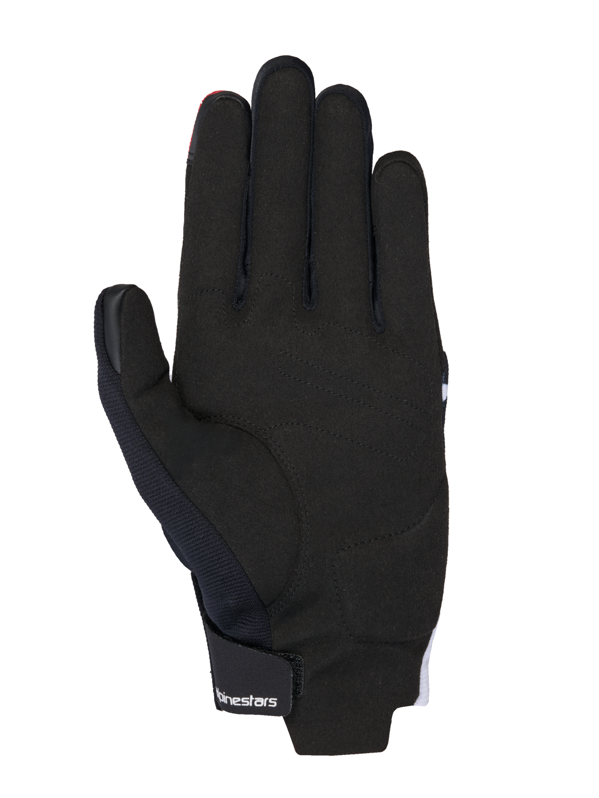Alpinestars MM93 Reef V2 Gloves, Palm View, Black with Bright Red and White accents, features synthetic suede palm, padded reinforcements, and hook-and-loop wrist strap with Alpinestars branding, modern urban motorcycle gear