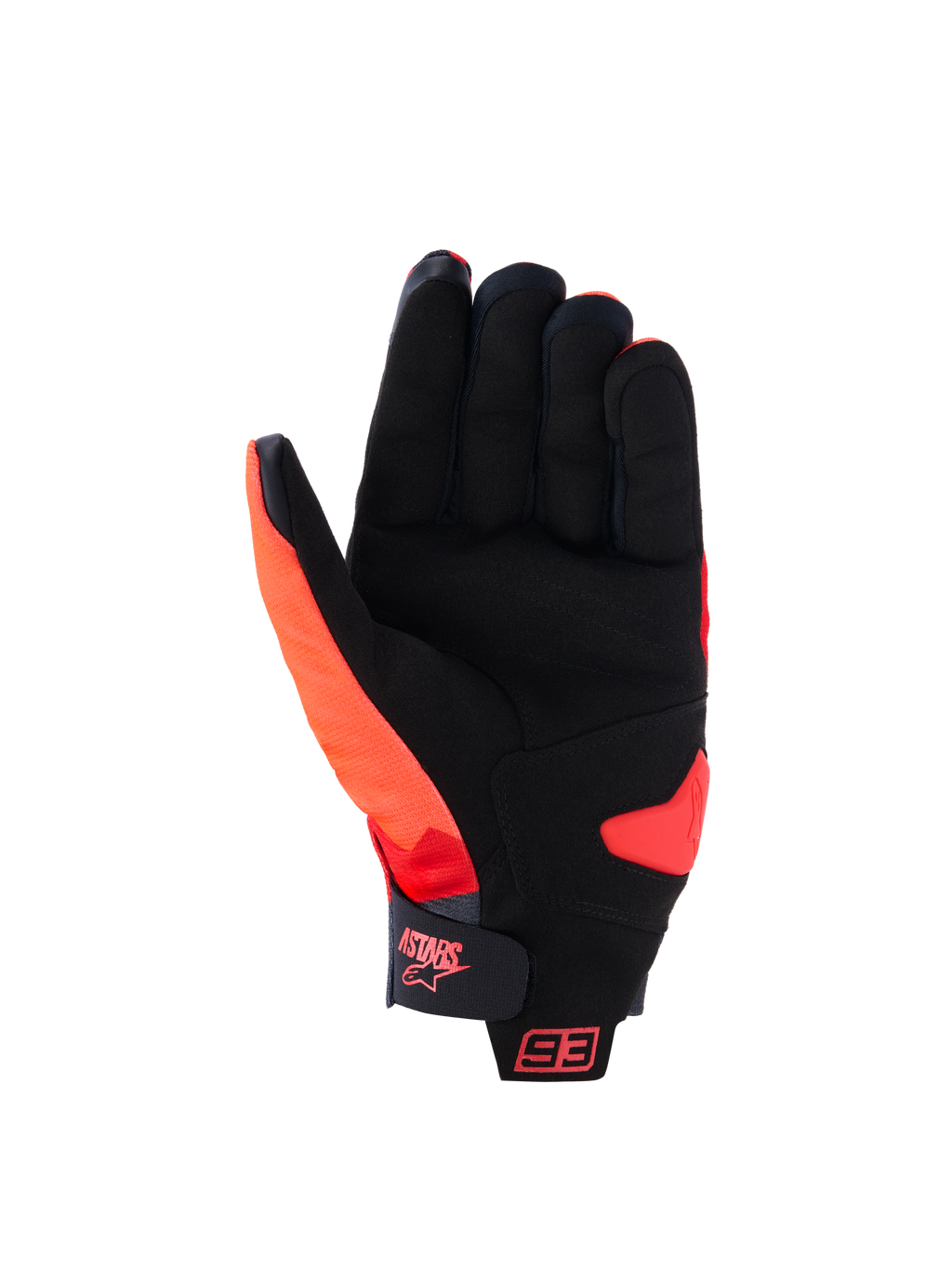 Luvas Alpinestars MM93 Reef V2, vista da palma, vermelho fluorescente, vermelho vivo e preto, com palma em camurça sintética e reforço acolchoado, tira de punho com fecho de gancho e laço com logótipo Astars e marca 93, luvas de motociclismo urbanas