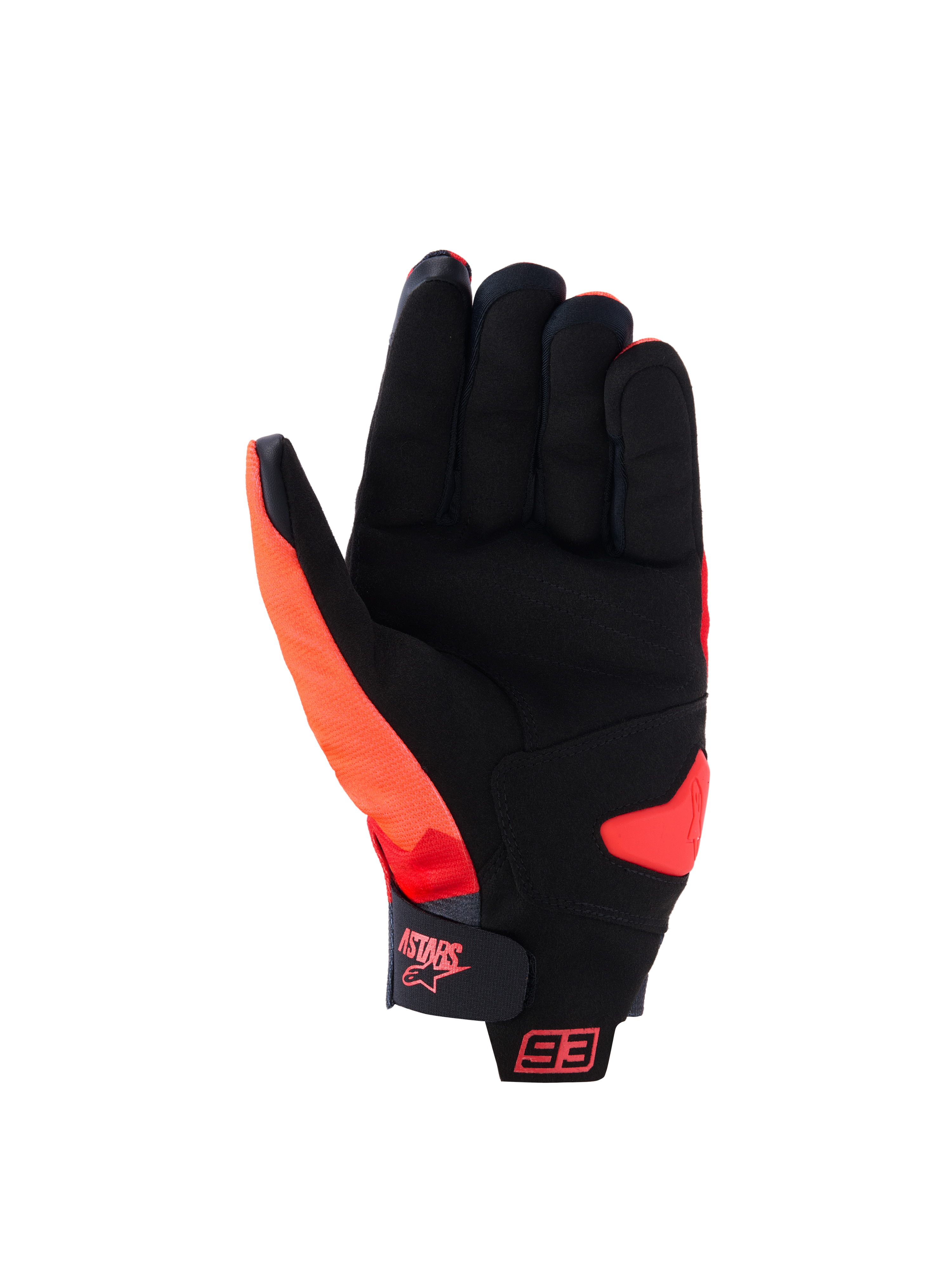 Luvas Alpinestars MM93 Reef V2, vista da palma, vermelho fluorescente, vermelho vivo e preto, com palma em camurça sintética e reforço acolchoado, tira de punho com fecho de gancho e laço com logótipo Astars e marca 93, luvas de motociclismo urbanas