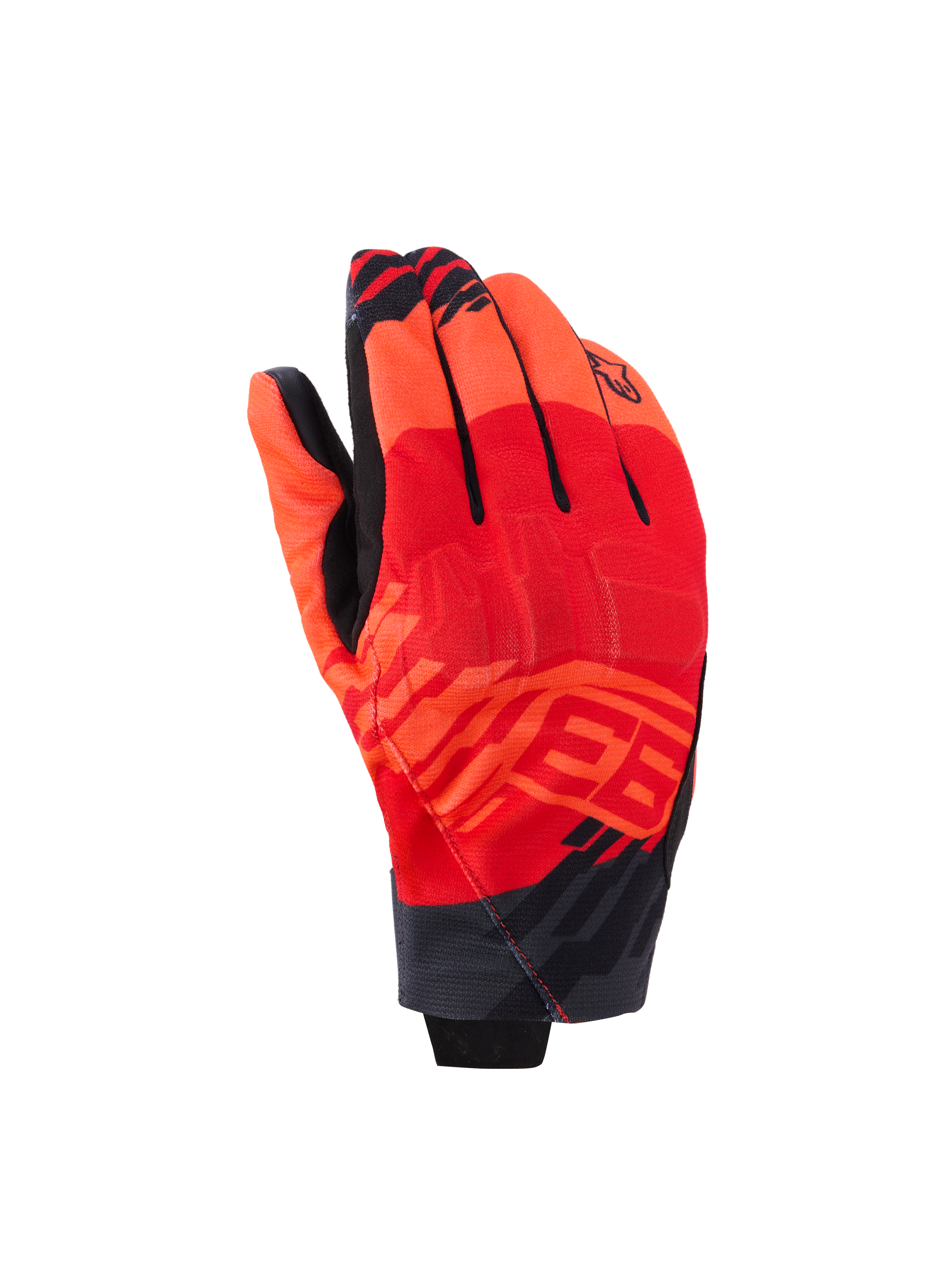 Luvas Alpinestars MM93 Reef V2, luvas de motociclismo de punho curto, vermelho fluorescente e vermelho vivo com detalhes em preto, com grafismos Marc Marquez MM93 e proteção integrada nos nós dos dedos, design urbano moderno