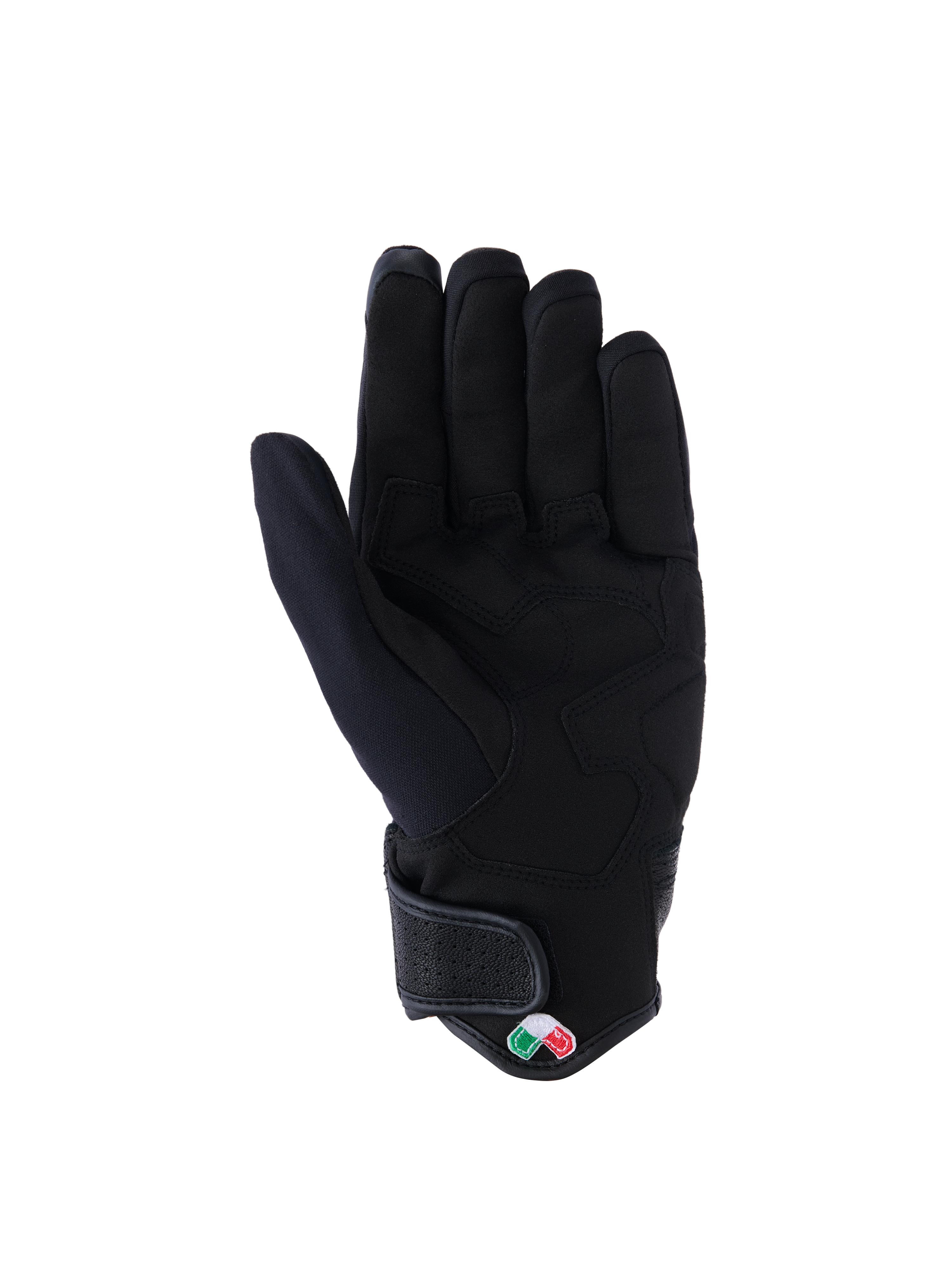 Luvas Alpinestars Tracker, luvas de motociclismo, pretas, vista da palma em camurça sintética com reforço acolchoado, punho curto com fecho de velcro, equipamento de condução urbana