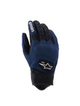 Alpinestars Tracker Gloves, luvas de moto unissexo, azuis e pretas, com logótipo branco e "1963", dedos texturizados pretos com ranhuras, zona dorsal lisa, punho com padrão texturizado, construção em tecido e pele sintética