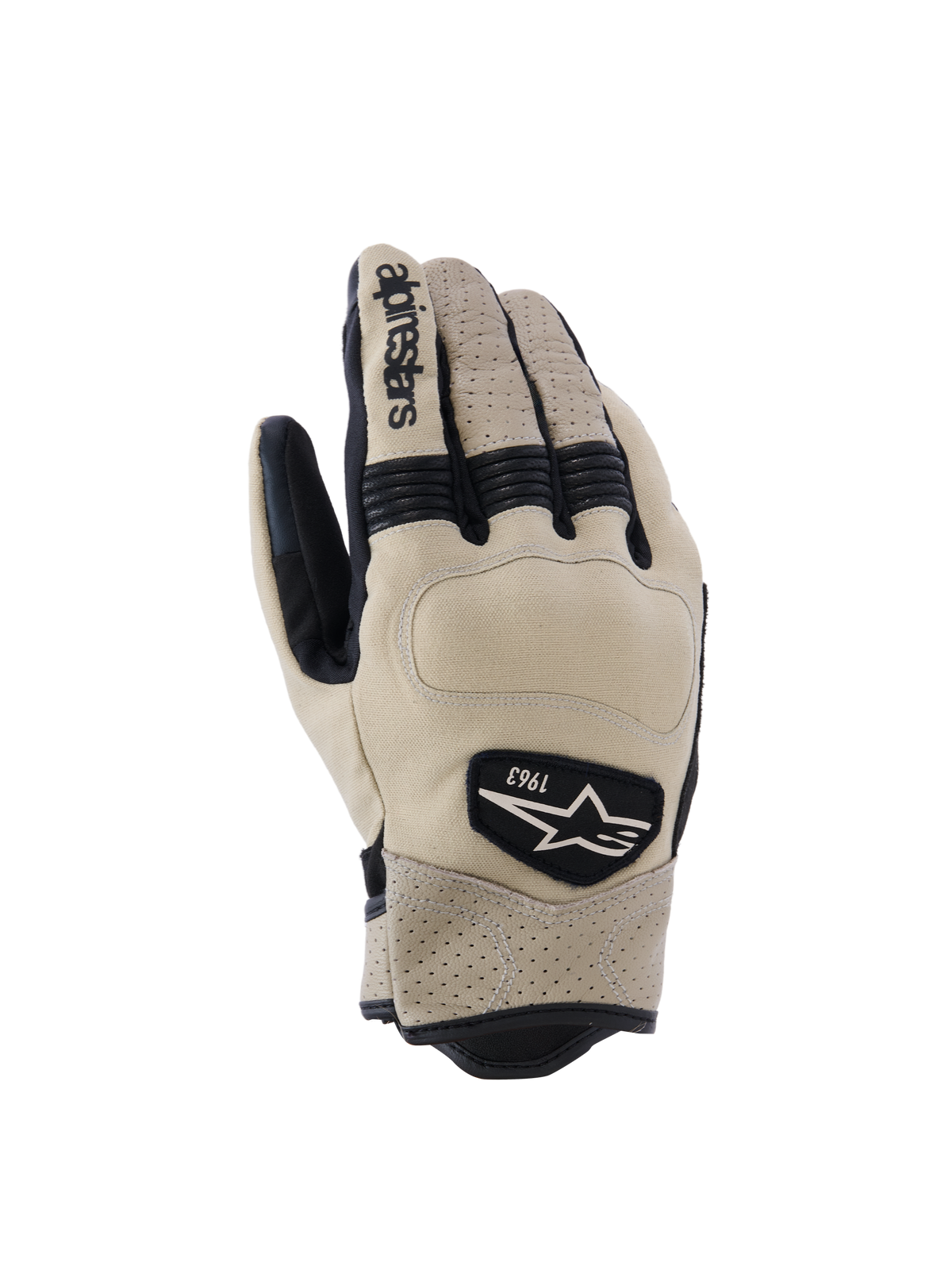 Luvas Alpinestars Tracker, luvas de motociclismo, bege e pretas, com pele perfurada, inserções elásticas em sanfona pretas e patch com logótipo heritage 1963, estilo workwear urbano