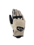 Luvas Alpinestars Tracker, luvas de motociclismo, bege e pretas, com pele perfurada, inserções elásticas em sanfona pretas e patch com logótipo heritage 1963, estilo workwear urbano