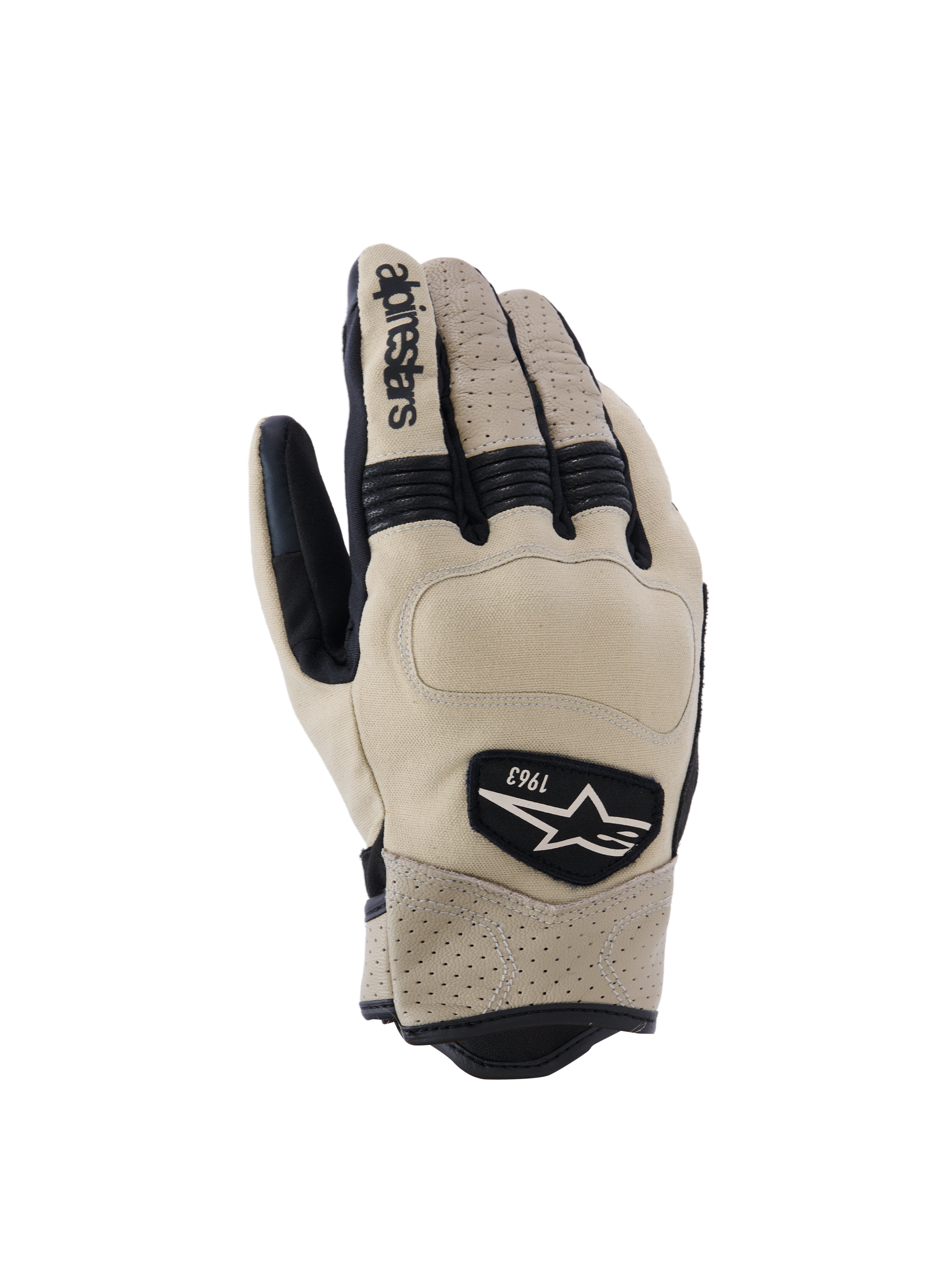 Luvas Alpinestars Tracker, luvas de motociclismo, bege e pretas, com pele perfurada, inserções elásticas em sanfona pretas e patch com logótipo heritage 1963, estilo workwear urbano