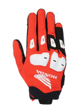 Luvas Alpinestars Honda SP X 3, luvas desportivas de motociclismo, vermelho vivo, preto e branco, com proteções de nós dos dedos em TPU branco e deslizadores nos dedos, logótipo Honda Wing grande no dorso da mão, design multi-material respirável para condução em estrada no verão