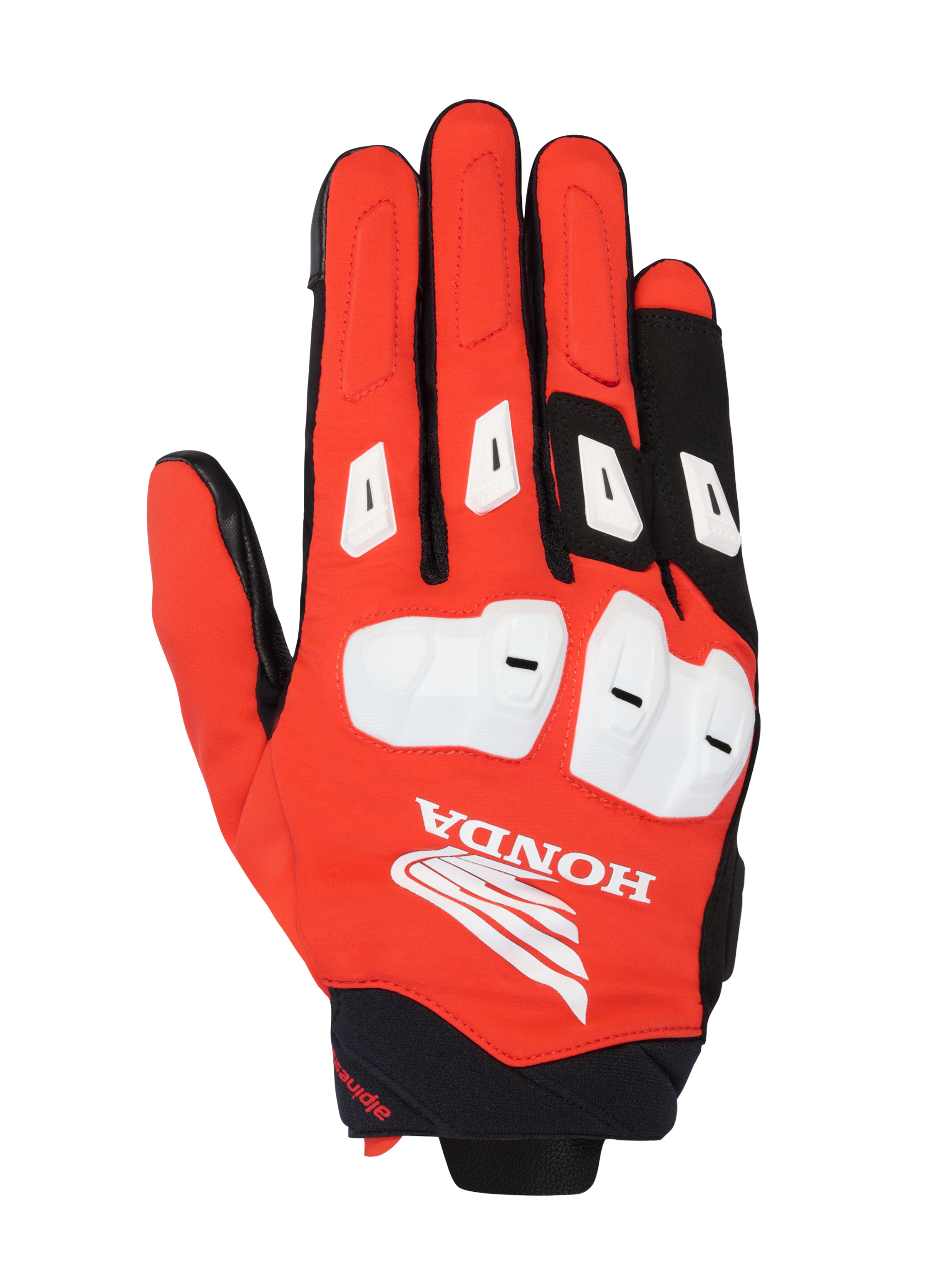 Luvas Alpinestars Honda SP X 3, luvas desportivas de motociclismo, vermelho vivo, preto e branco, com proteções de nós dos dedos em TPU branco e deslizadores nos dedos, logótipo Honda Wing grande no dorso da mão, design multi-material respirável para condução em estrada no verão