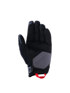 Luvas Alpinestars Durack, luvas de motociclismo, preto, cinzento escuro e vermelho vivo, vista da palma com construção em camurça sintética, reforço cinzento e presilha vermelha viva, equipamento de aventura e dual-sport