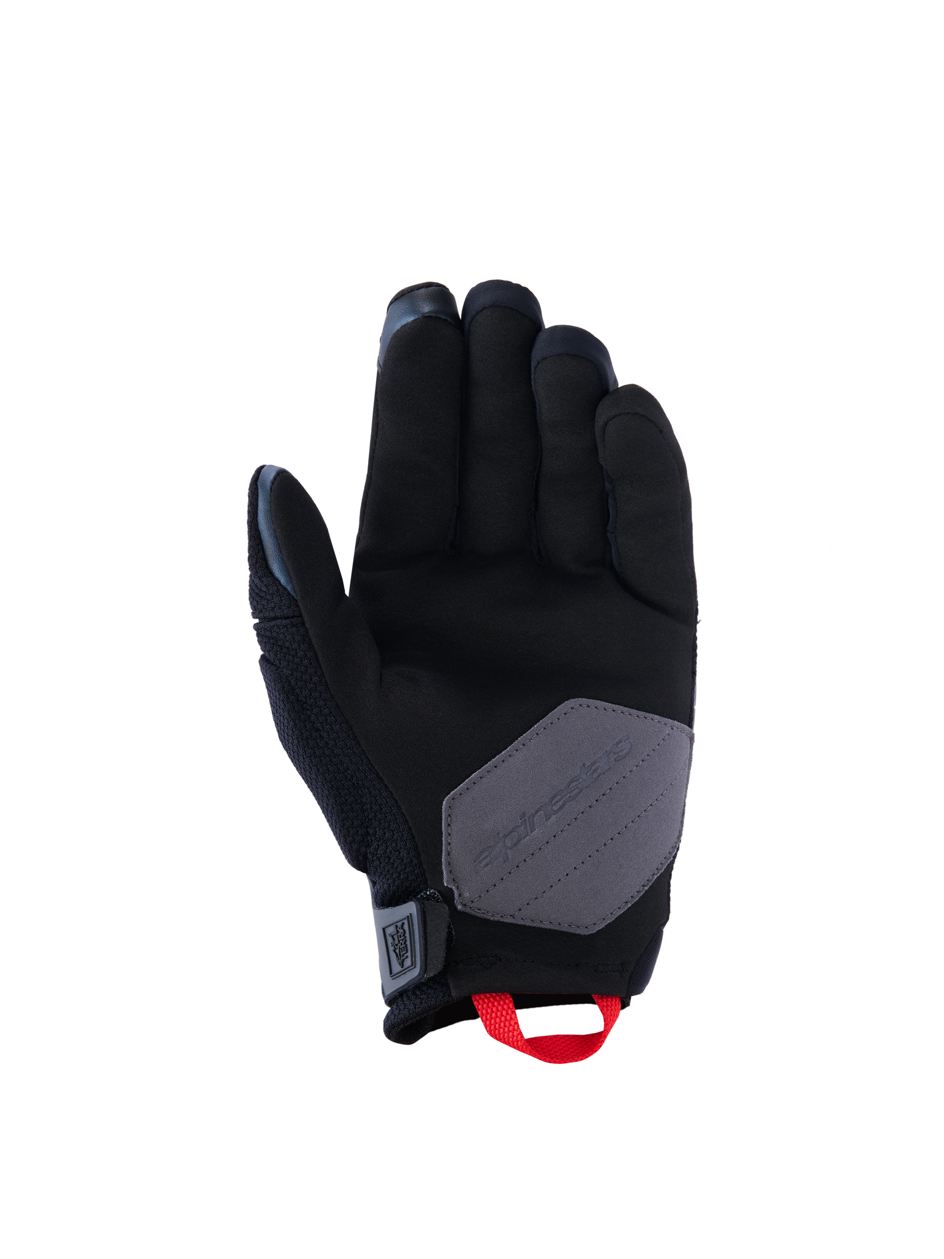 Luvas Alpinestars Durack, luvas de motociclismo, preto, cinzento escuro e vermelho vivo, vista da palma com construção em camurça sintética, reforço cinzento e presilha vermelha viva, equipamento de aventura e dual-sport