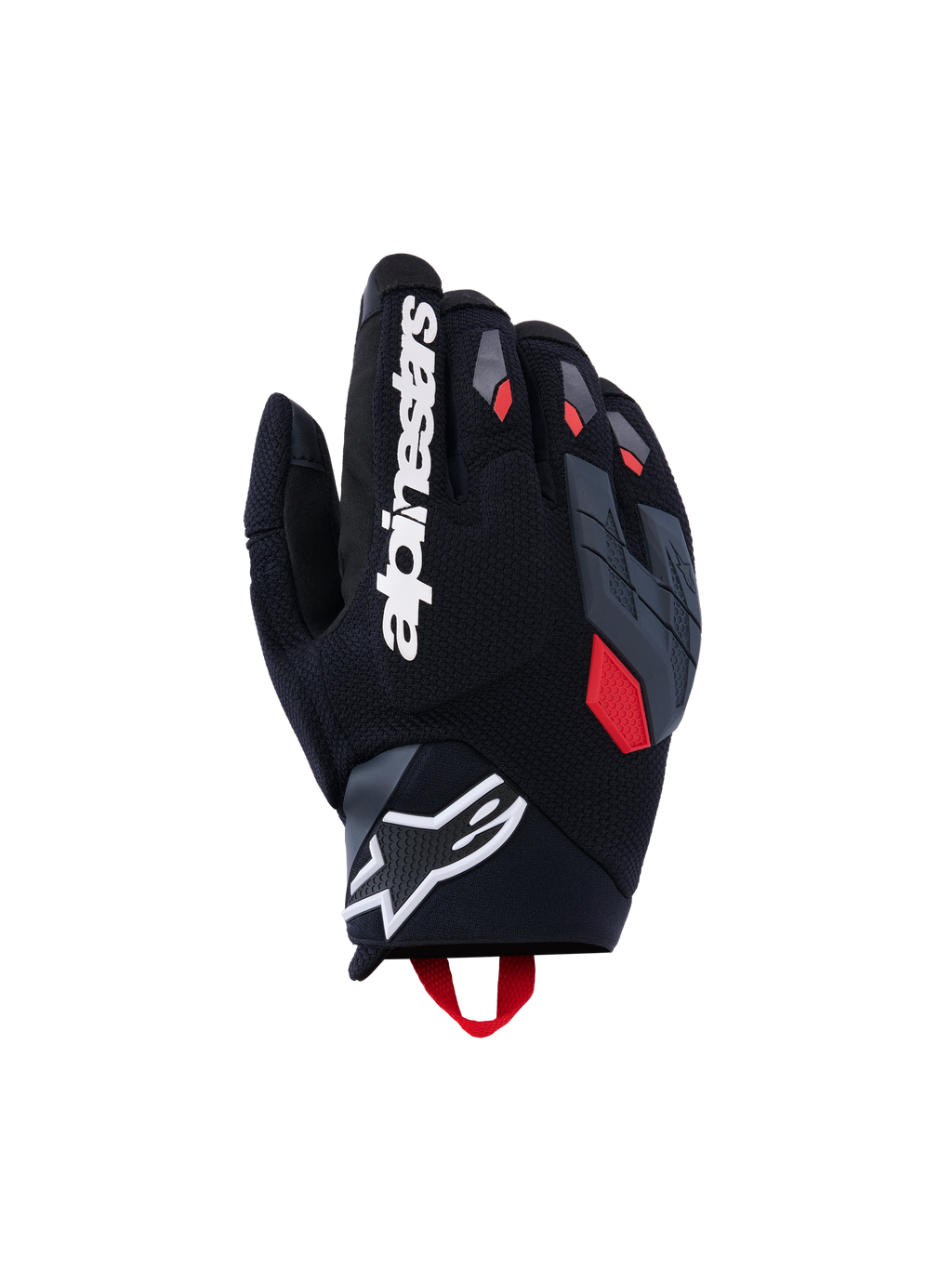 Luvas Alpinestars Durack, luvas de motociclismo, pretas com detalhes em cinzento escuro e vermelho vivo, apresentando dorso em têxtil texturizado, proteção dividida dos nós dos dedos em cinzento, logótipo Alpinestars branco no dedo indicador e logótipo da estrela no punho em neoprene.