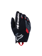 Luvas Alpinestars Durack, luvas de motociclismo, pretas com detalhes em cinzento escuro e vermelho vivo, apresentando dorso em têxtil texturizado, proteção dividida dos nós dos dedos em cinzento, logótipo Alpinestars branco no dedo indicador e logótipo da estrela no punho em neoprene.
