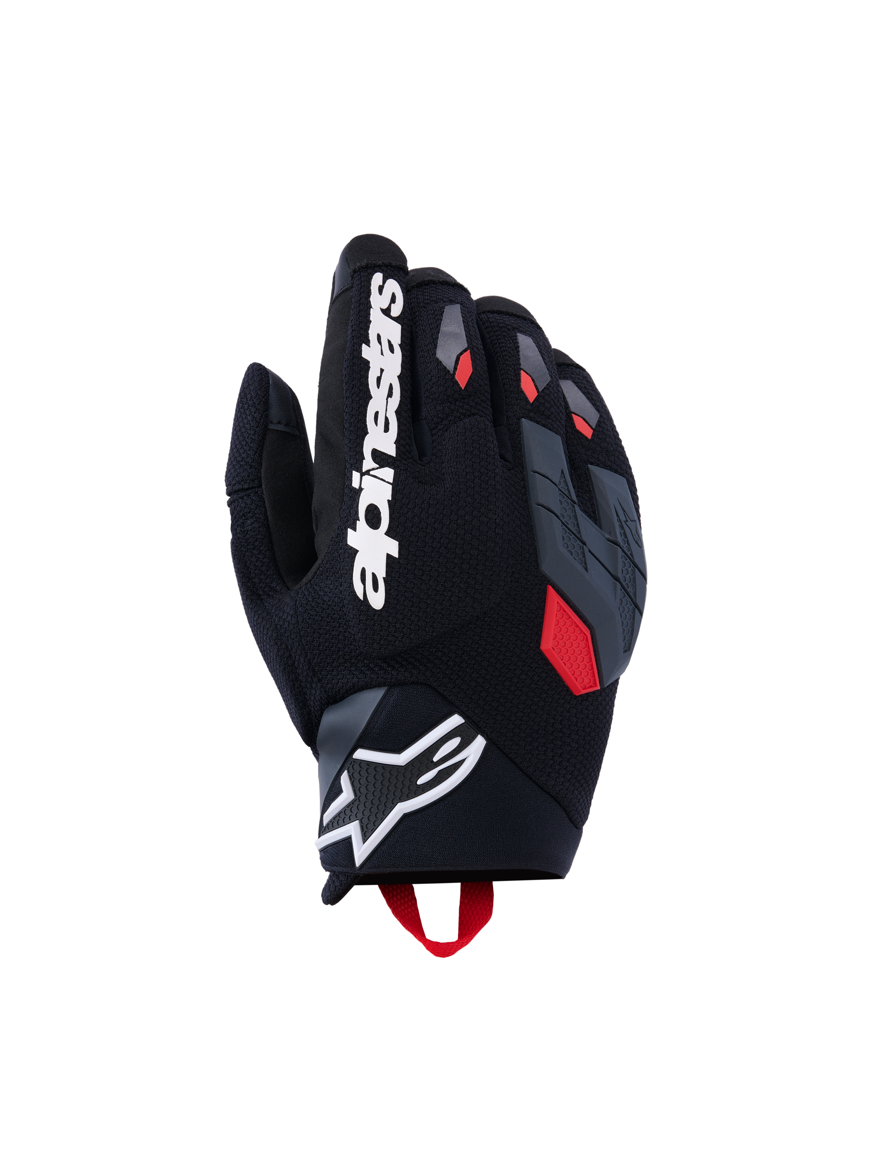 Luvas Alpinestars Durack, luvas de motociclismo, pretas com detalhes em cinzento escuro e vermelho vivo, apresentando dorso em têxtil texturizado, proteção dividida dos nós dos dedos em cinzento, logótipo Alpinestars branco no dedo indicador e logótipo da estrela no punho em neoprene.