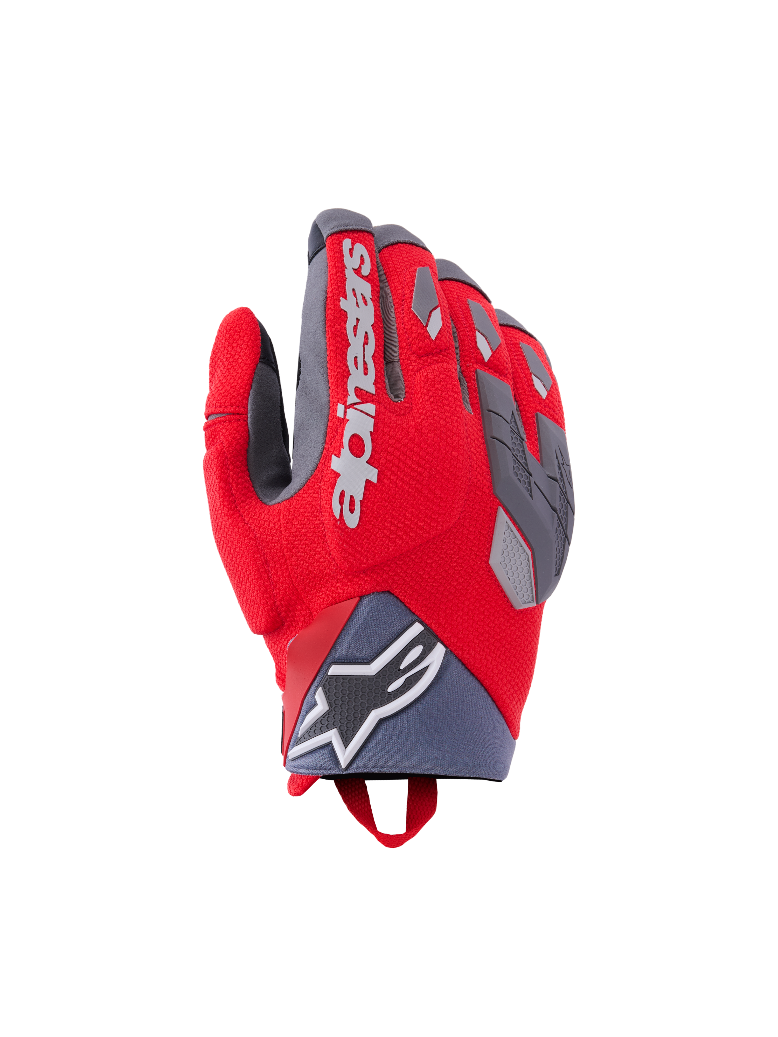 Alpinestars Durack Gloves, Motorcycle Riding Gloves, Bright Red and Mid Gray, featuring divided knuckle protection with gray TPR accents, white Alpinestars branding on the backhand, neoprene wrist cuff with star logo, and performance adventure design