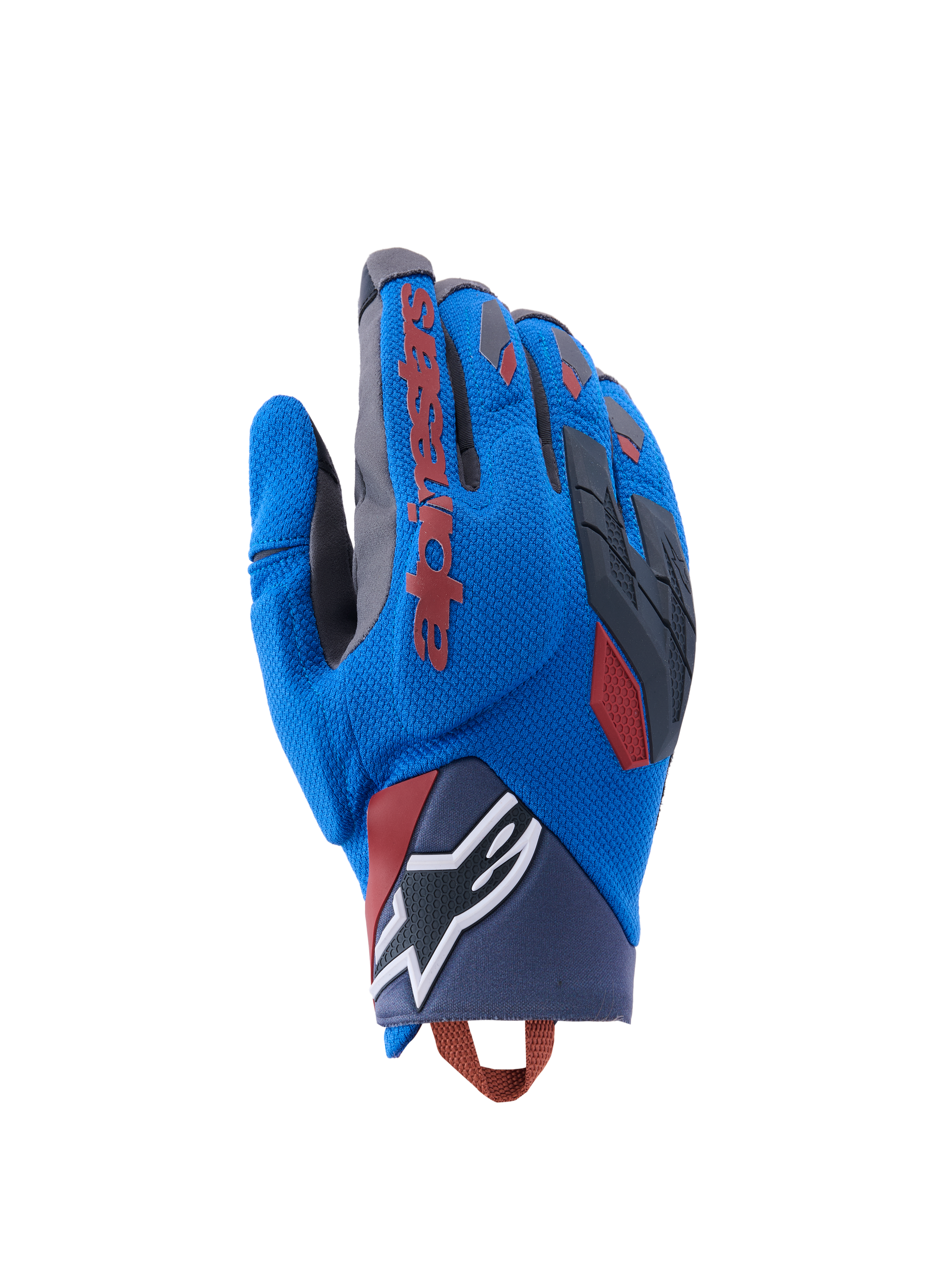 Alpinestars Durack Gloves, Adventure Motorcycle Gloves, Royal Blue and Deep Gray, textile backhand with TPR knuckle protection, red Alpinestars logo on index finger, white star logo on wrist, lightweight summer dual sport protection