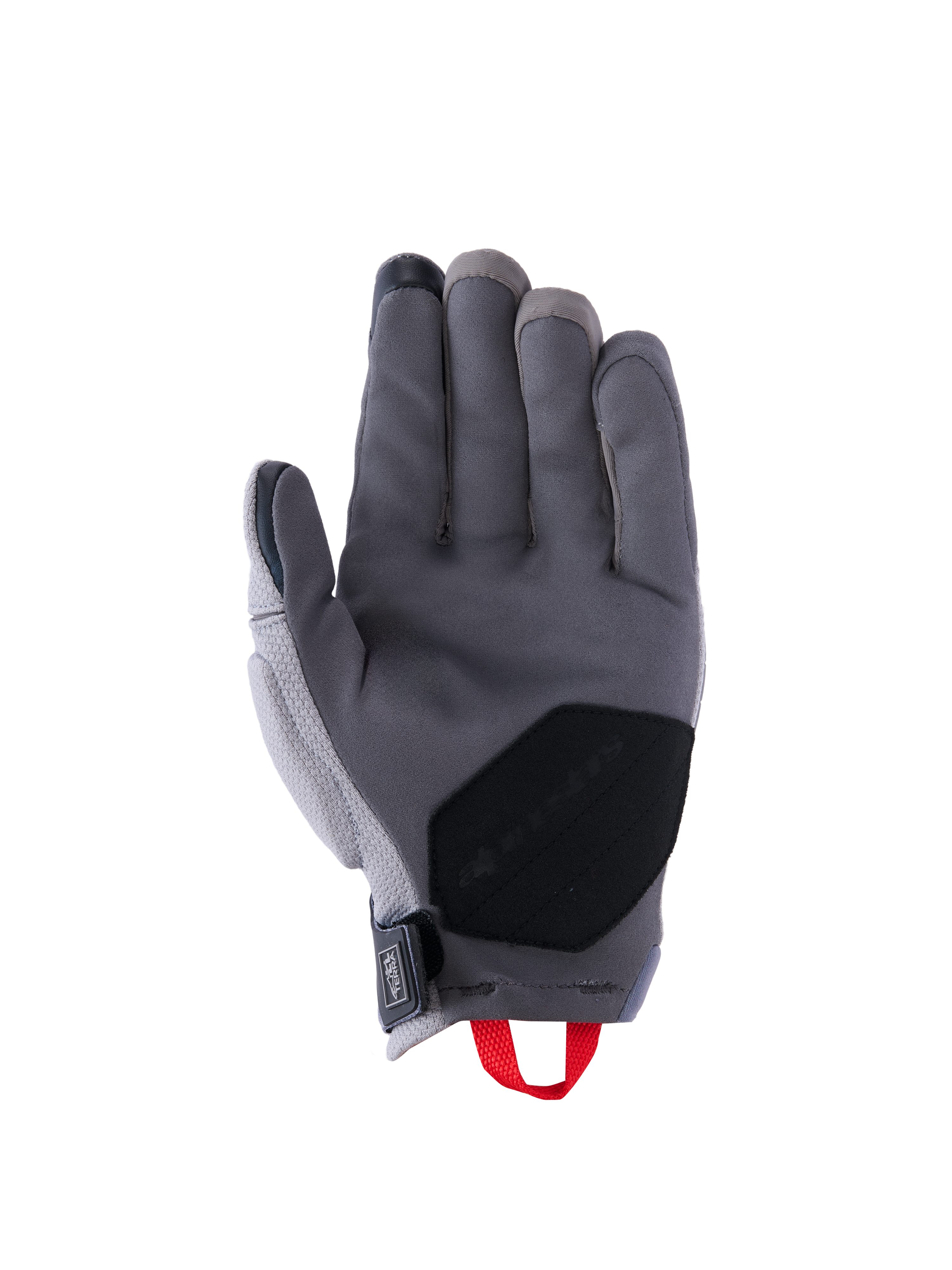Alpinestars Durack Gloves, Motorcycle Gloves, Dark Gray and Mid Gray, palm view featuring synthetic suede construction with a black reinforced palm patch, red pull loop, and neoprene wrist closure, short cuff adventure riding gear